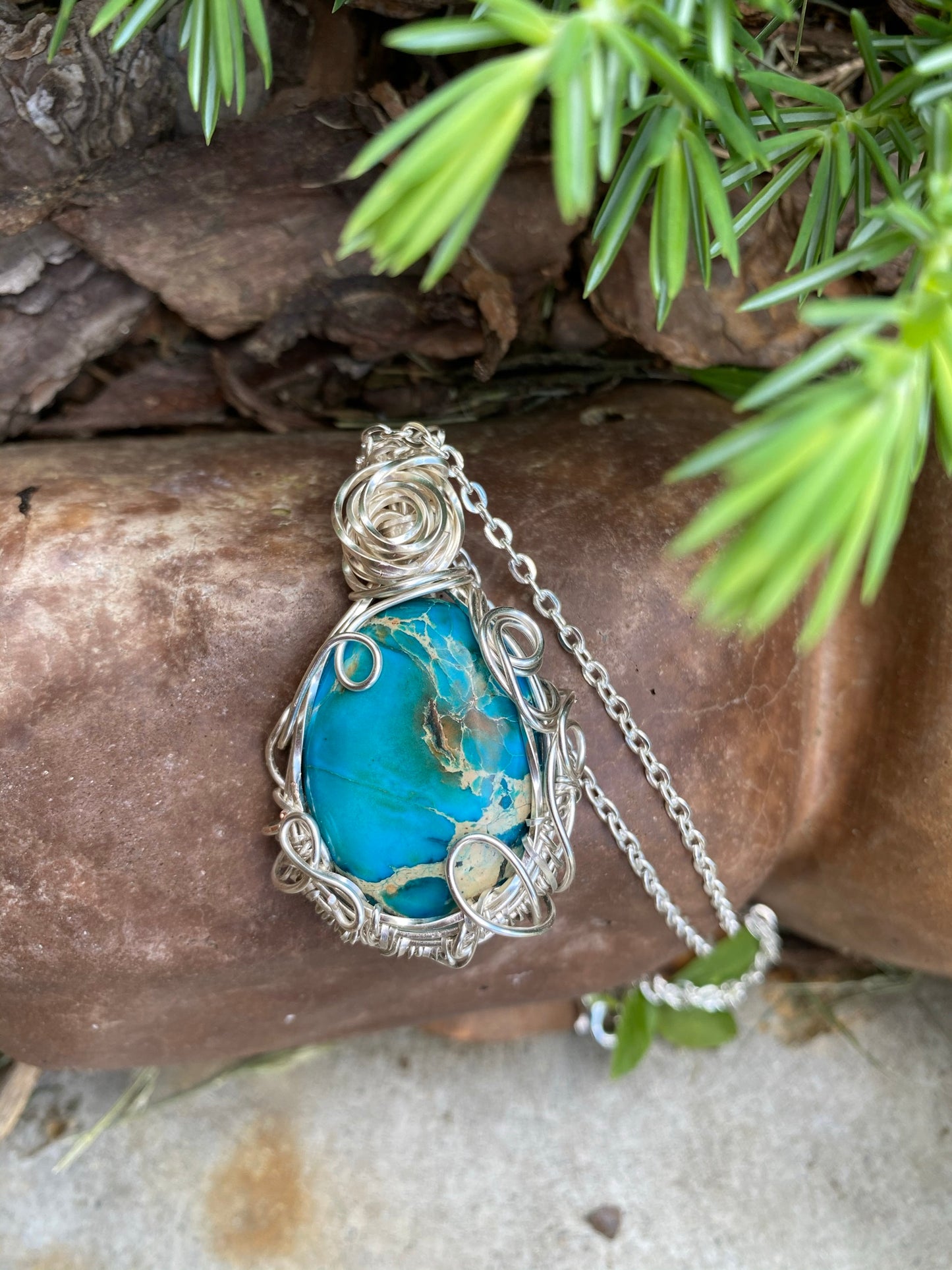 Aqua Oval Wire Wrapped Pendant in Silver Plated Wire