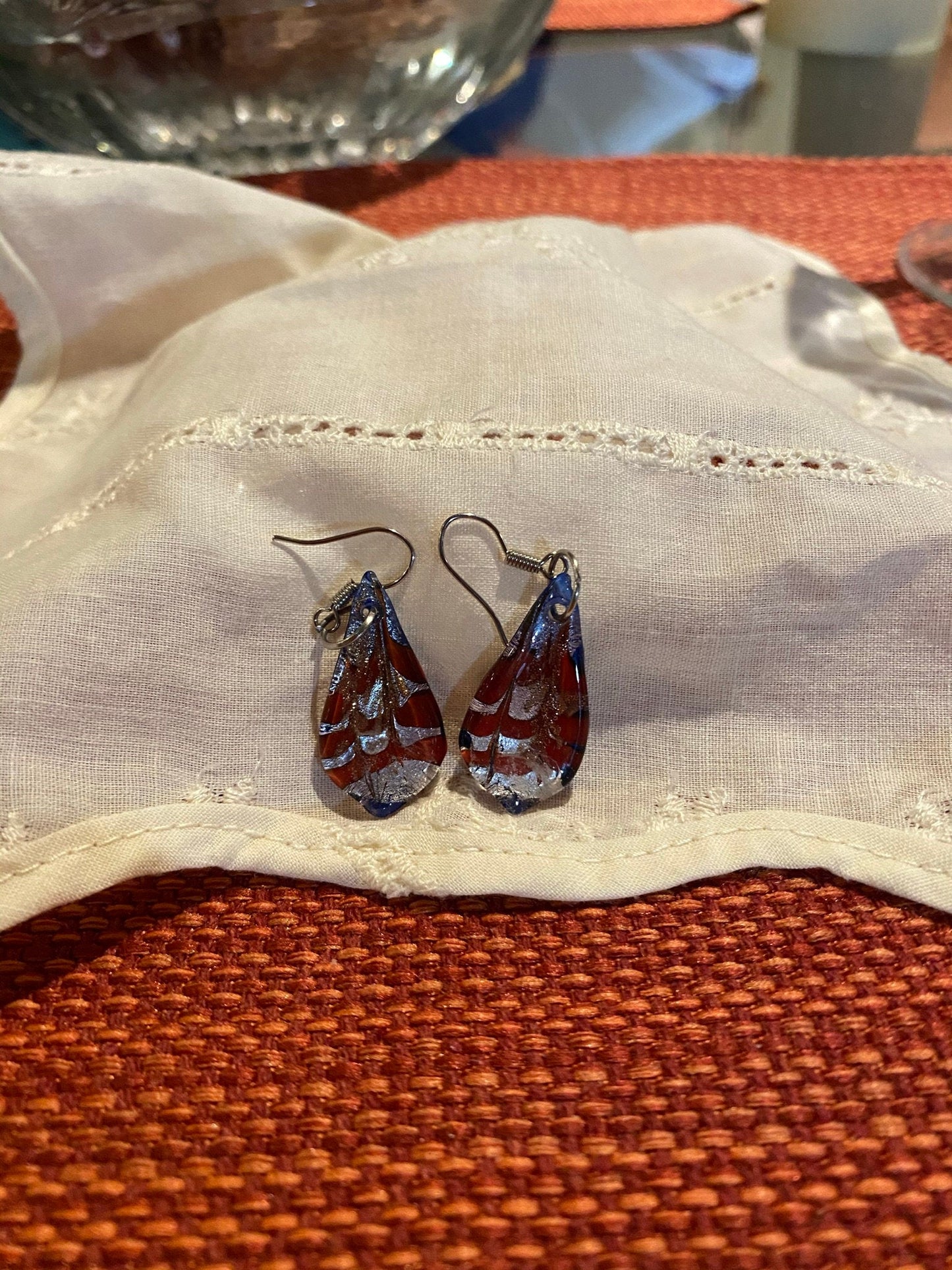 Red, Blue, And Silver Glass Dangle Earrings