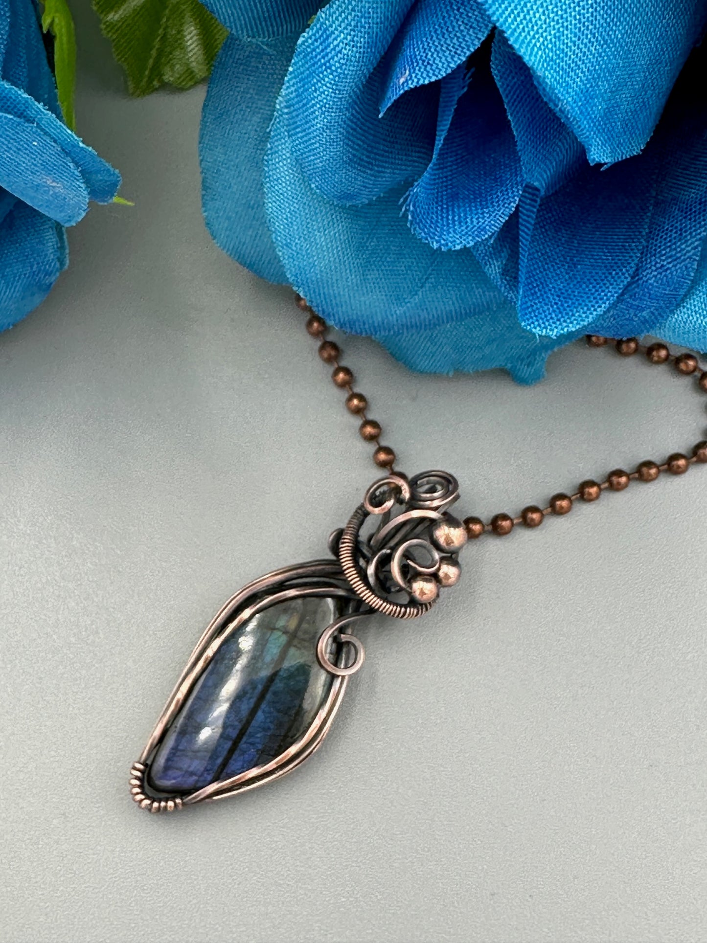 Handmade Wire Wrapped Curved Labradorite Pendant