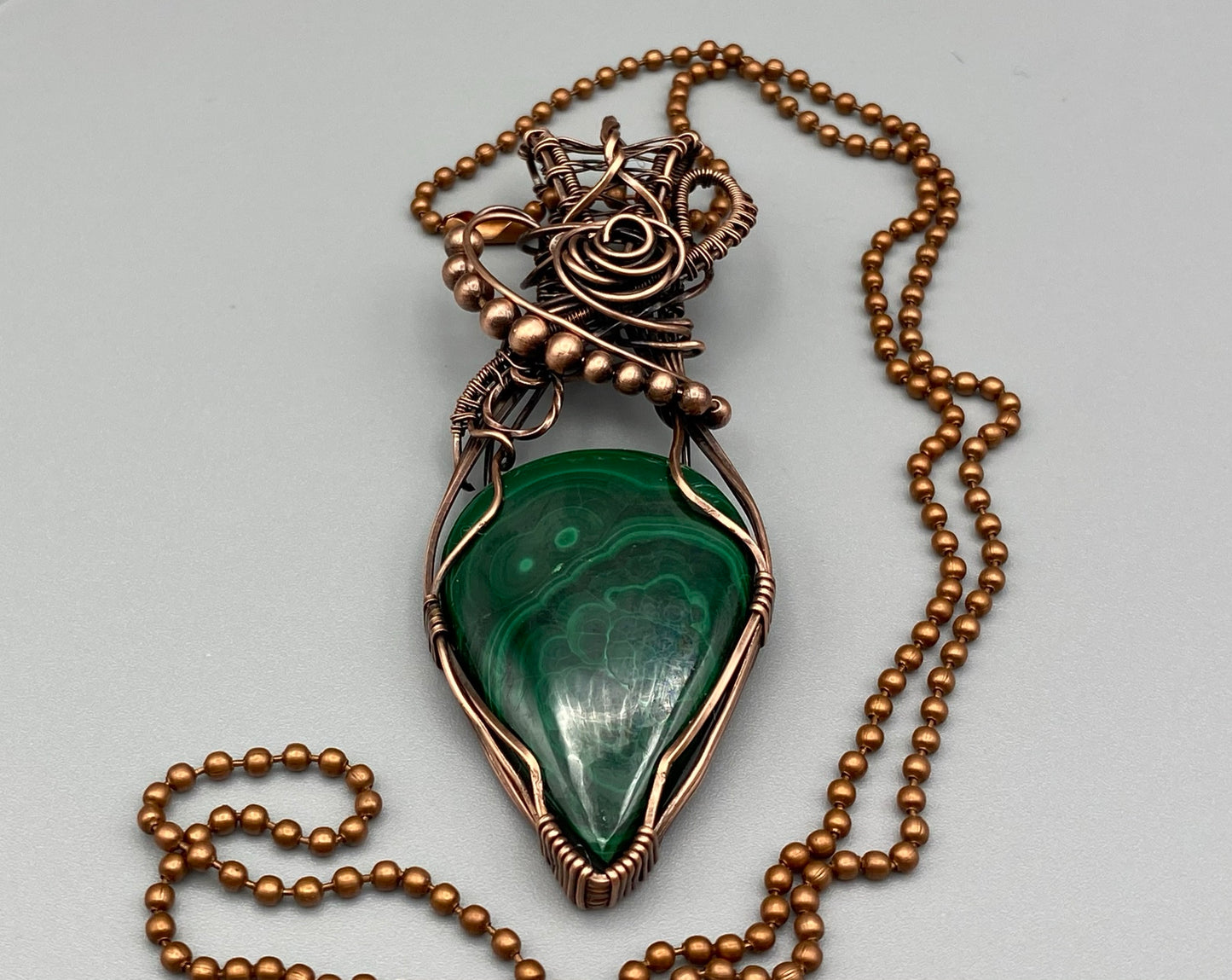 Namibian Malachite Teardrop  Pendant Wrapped in Antiqued Copper Wire