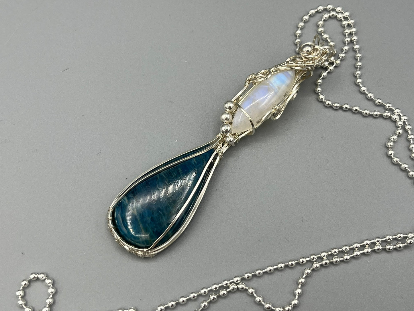 Blue Apatite Teardrop and Moonstone Double Stone Wire Wrapped Pendant