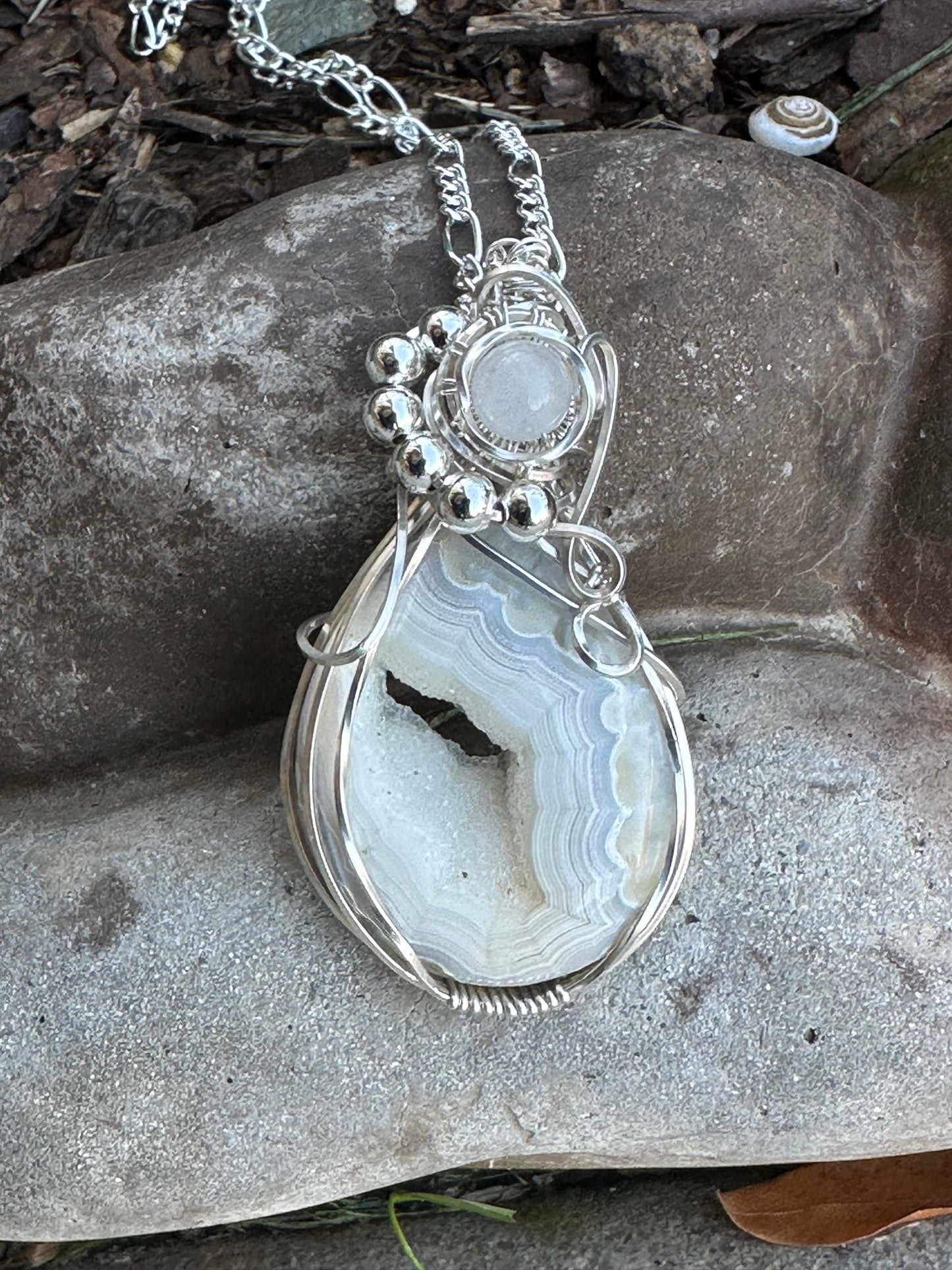 Natural White Banded Window Druzy Wire Wrapped Pendant