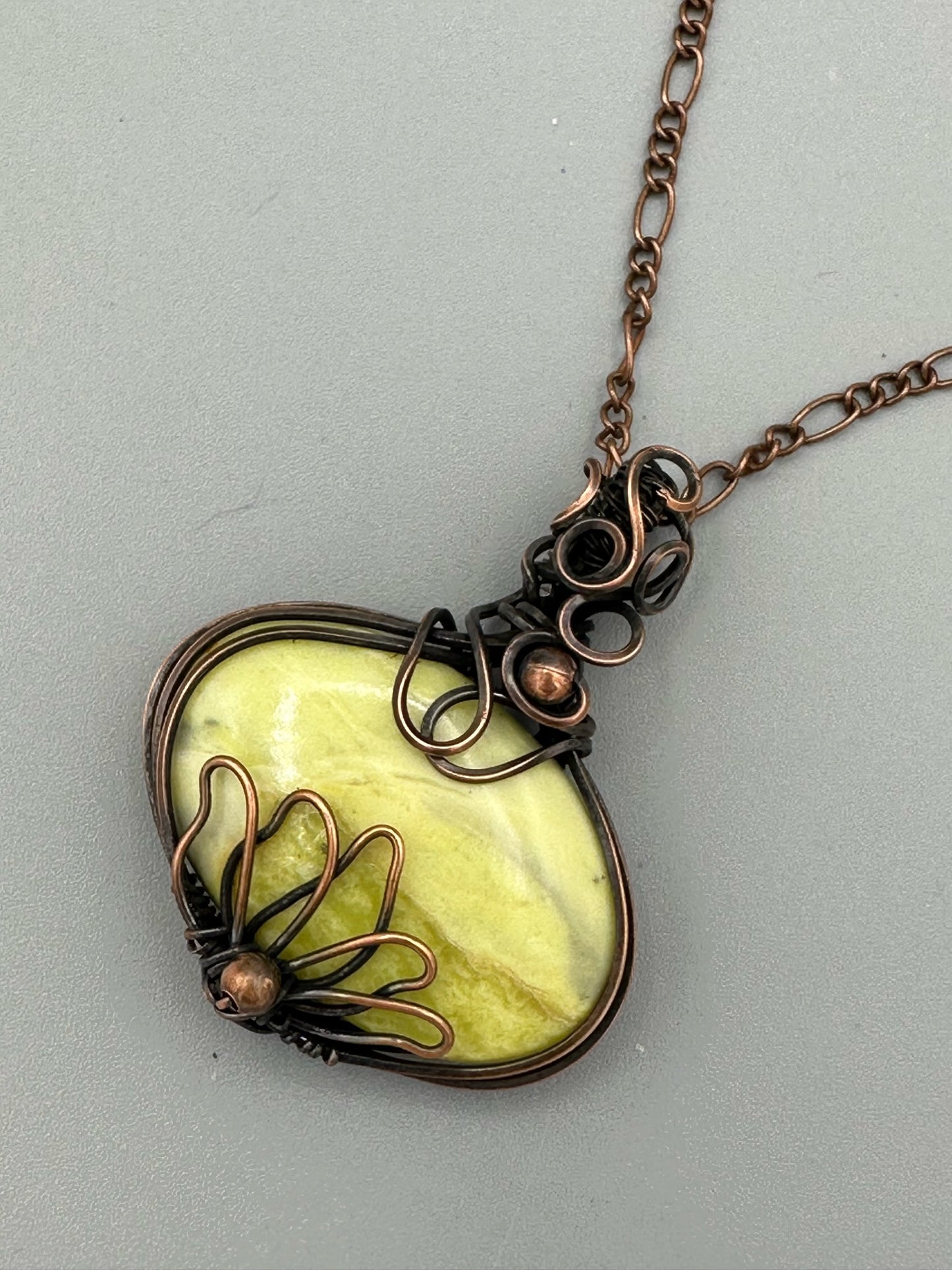 Green Opal With Lotus Handmade Wire Wrapped Pendant