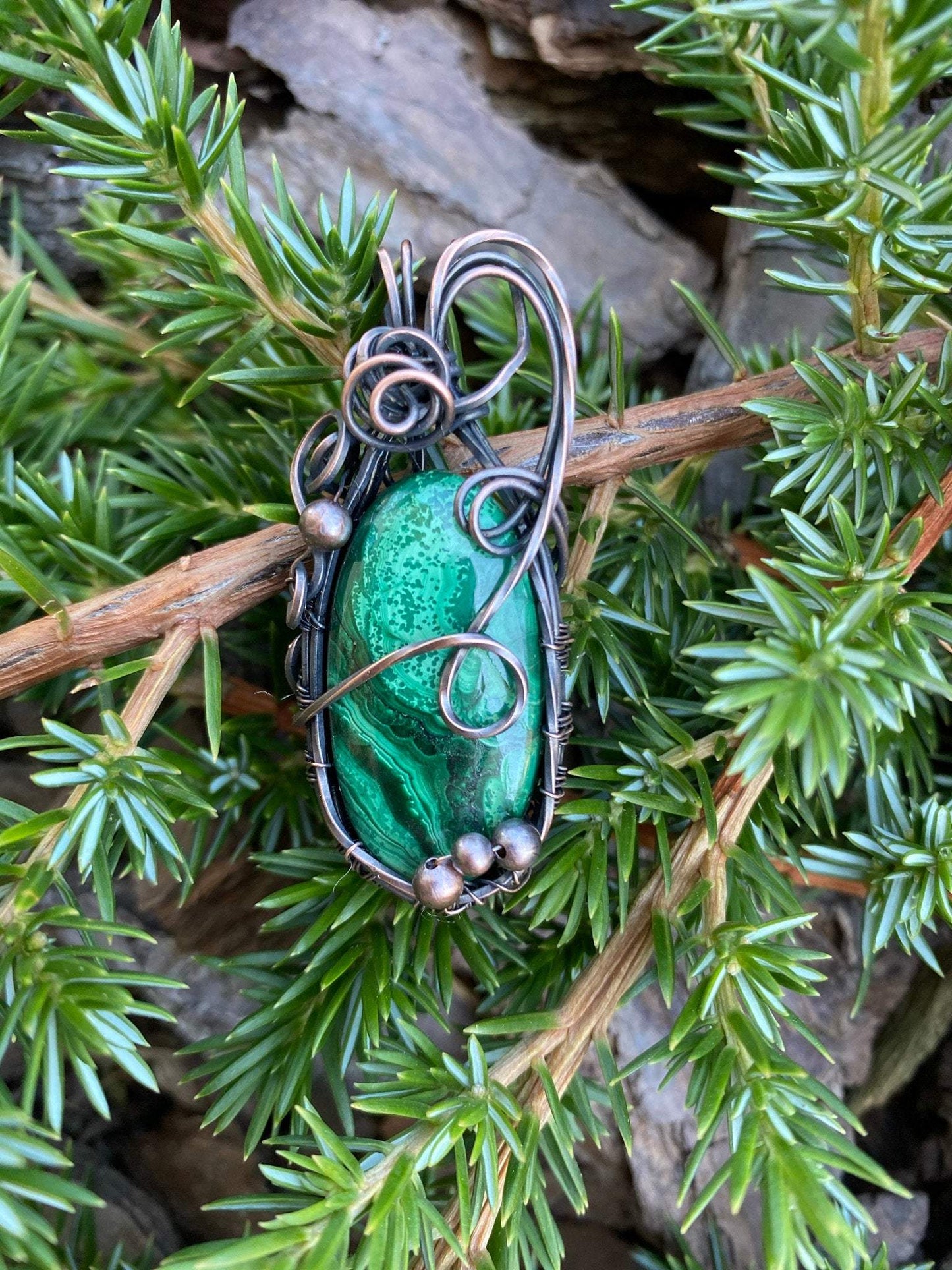 Malachite Wire Wrapped Pendant With Copper Bead Embellishments