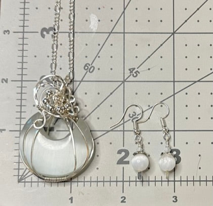 Selenite Crescent Moon Pendant and Earrings Set | Wire Wrapped in Fine Silver