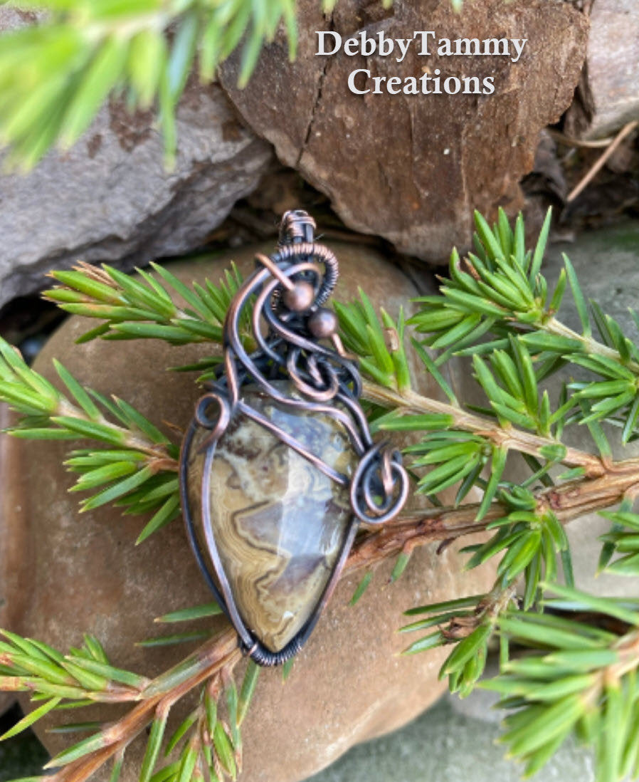 Earth Toned Crazy Lace Teardrop Wire Wrapped Pendant