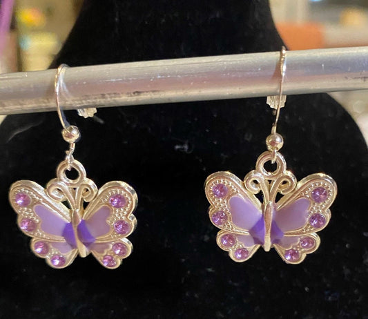 Purple and Silver Butterfly Charm Earrings