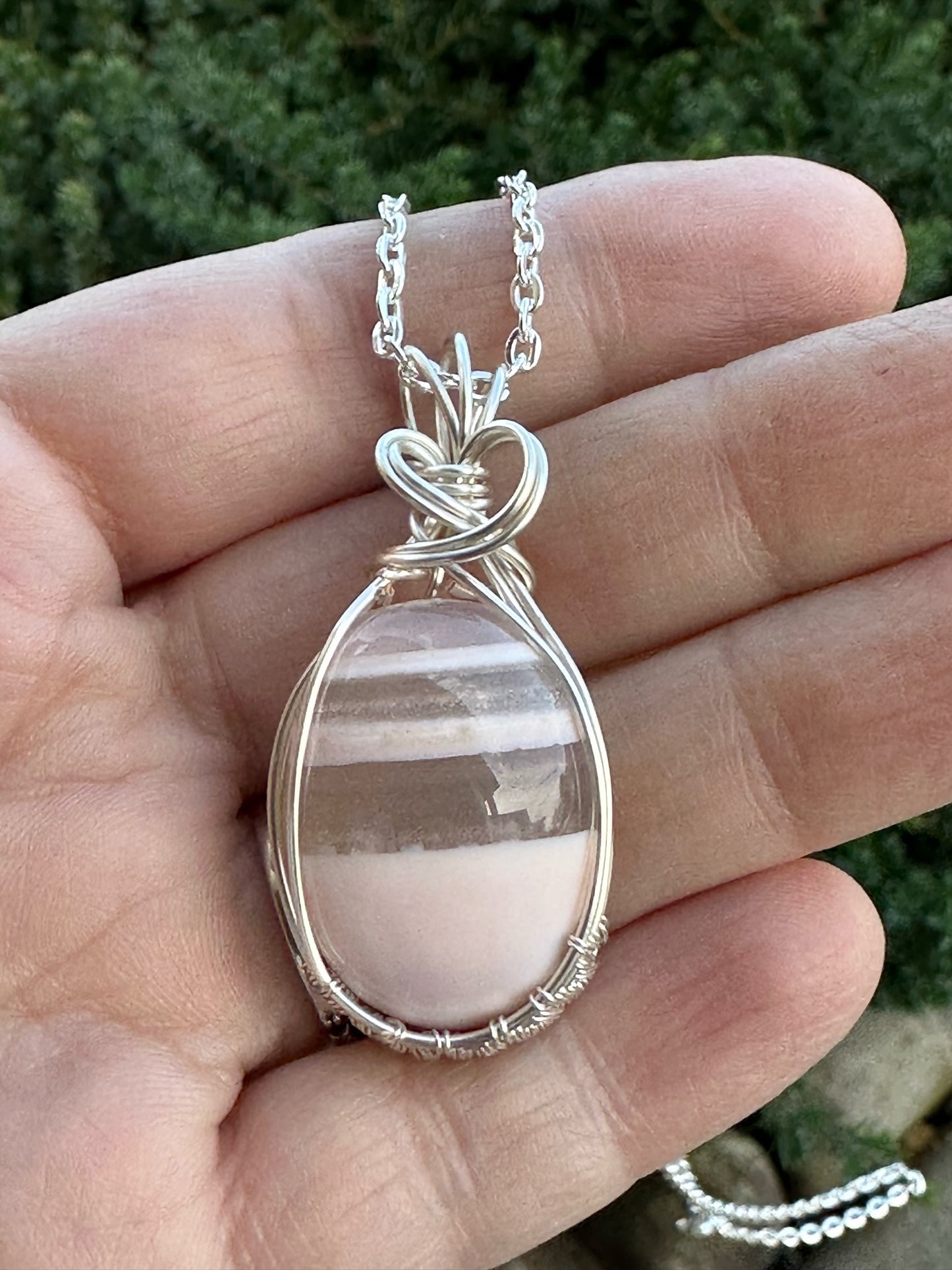 Handmade Wire Wrapped Pink Stripe Agate Oval Pendant