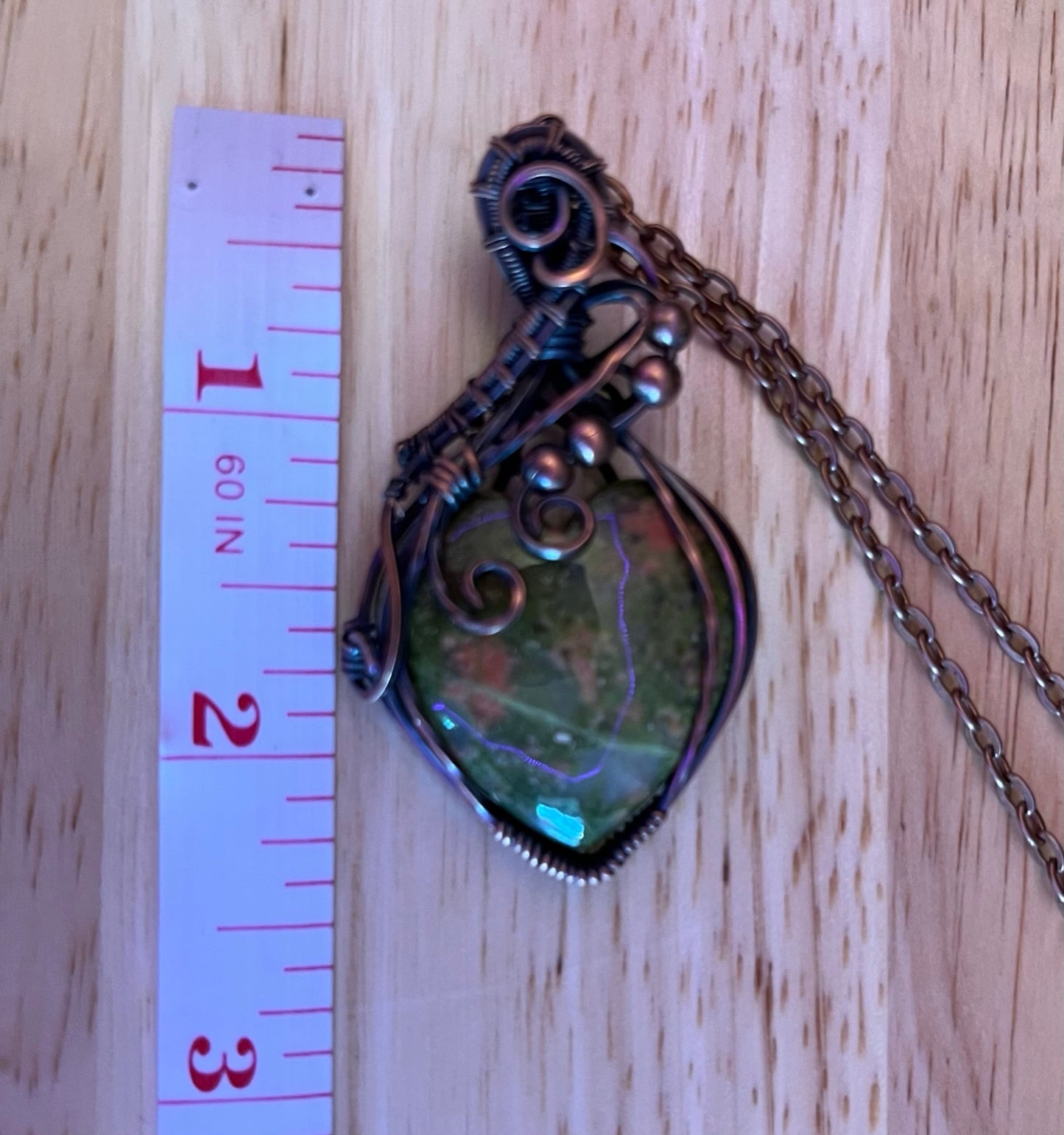 Unakite Heart Wire Wrapped Pendant - Copper Wire Wrapped Heart Necklace