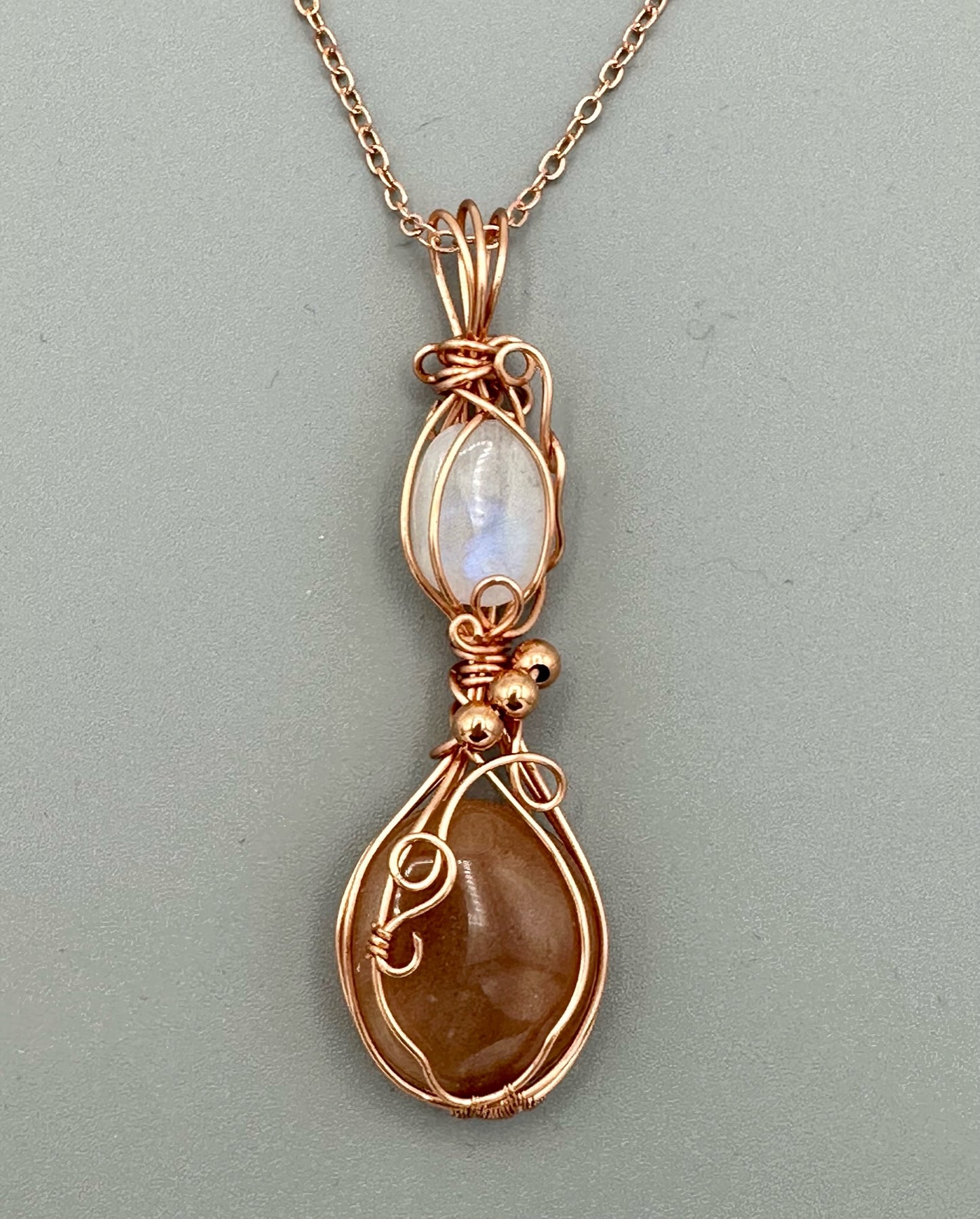 Wire Wrapped Peach and Rainbow Moonstone Double Pendant Statement Piece