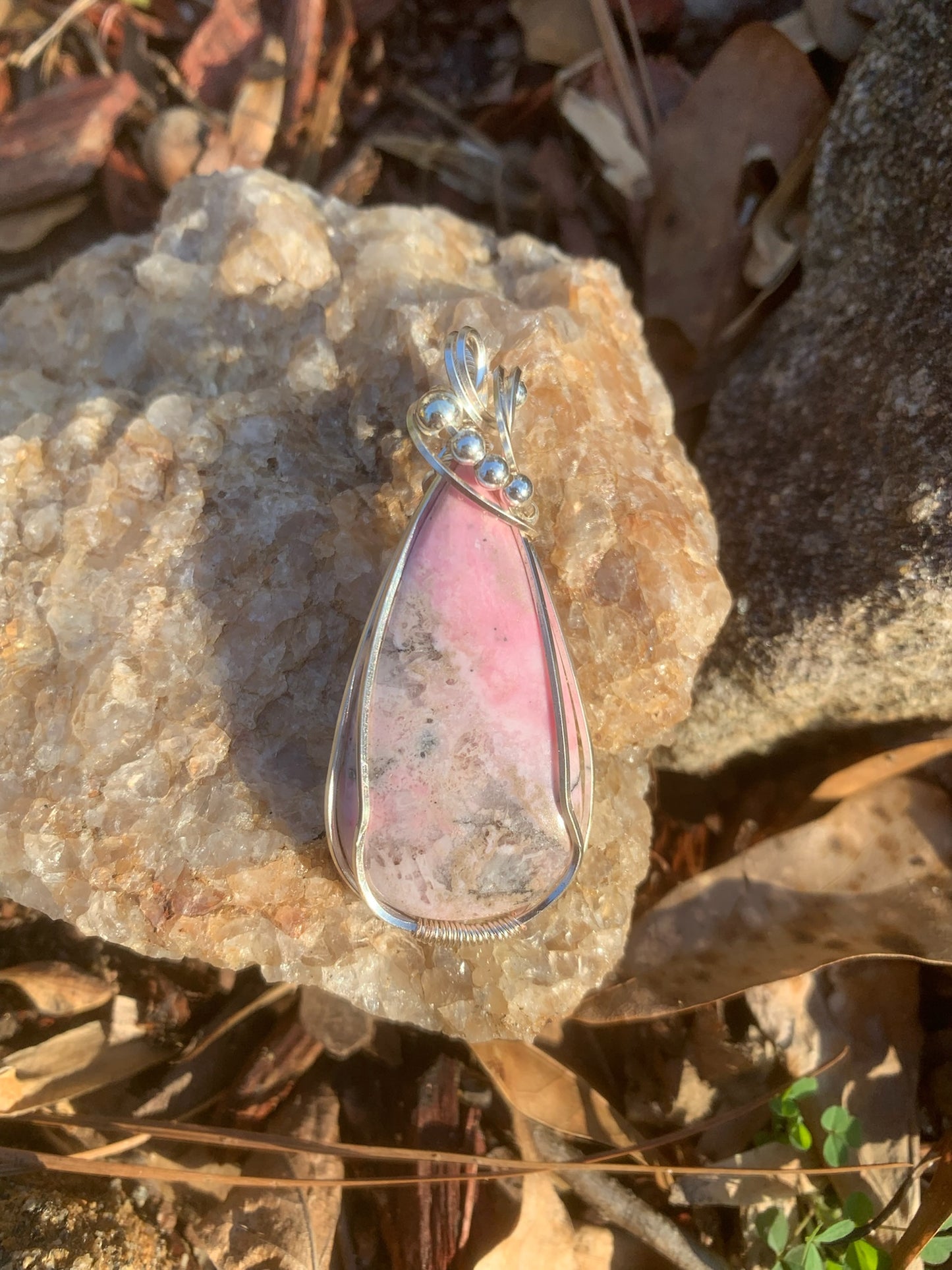 Pear Shaped Pink Rhodonite Wire Wrapped Pendant