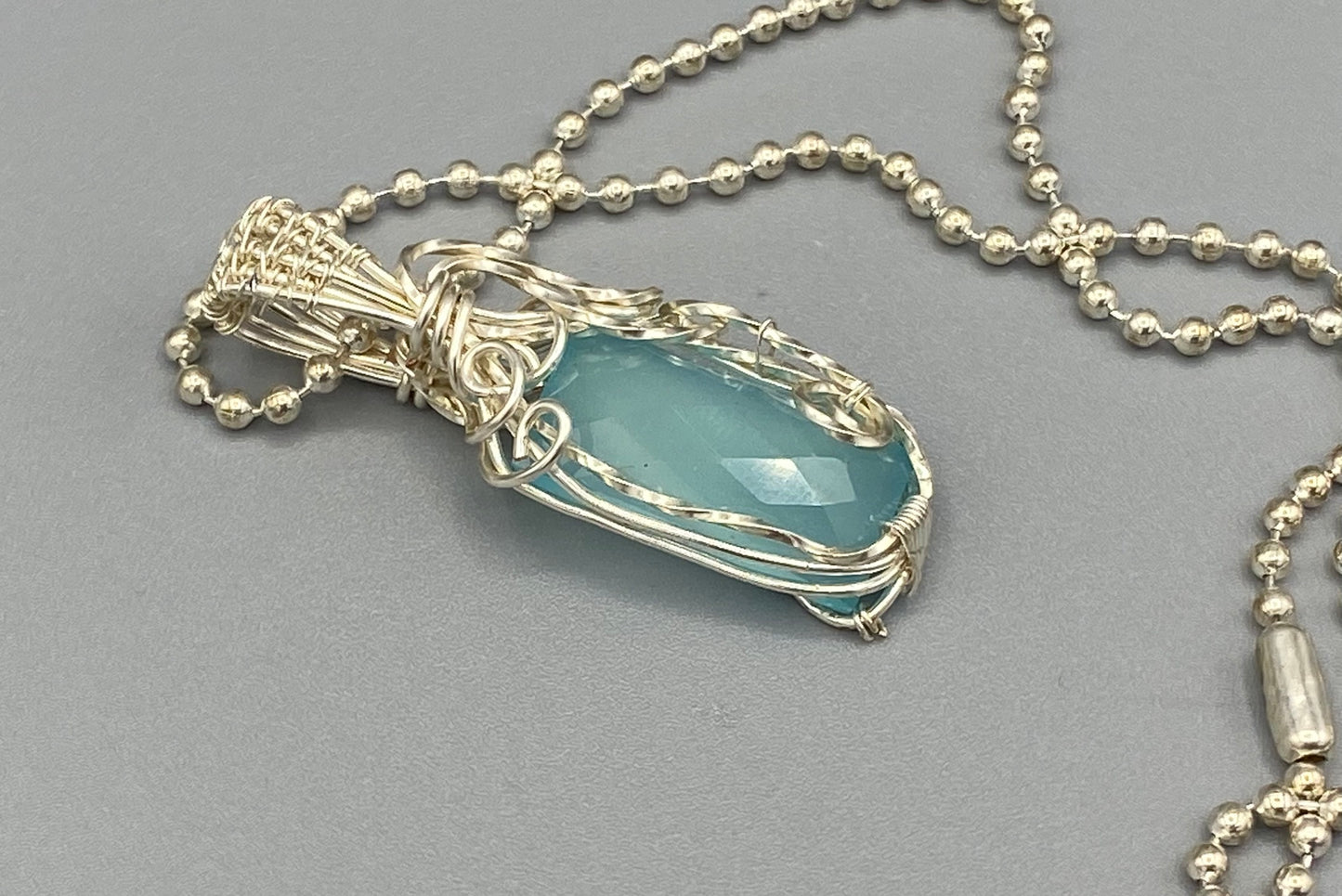 Faceted Rectangular Aqua Chalcedony Pendant | Wire Wrapped Necklace