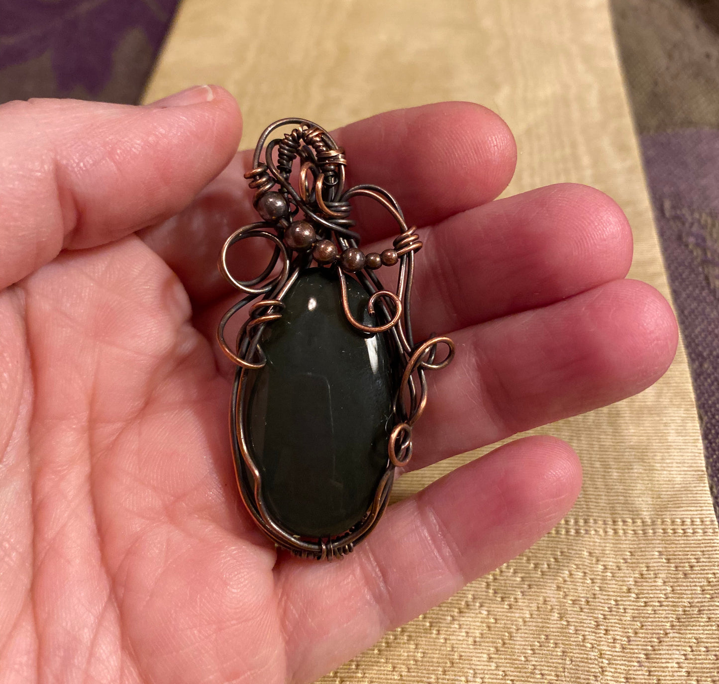 Gray Agate Oval Pendant With Copper Beads And Wire Wrapped Swirls