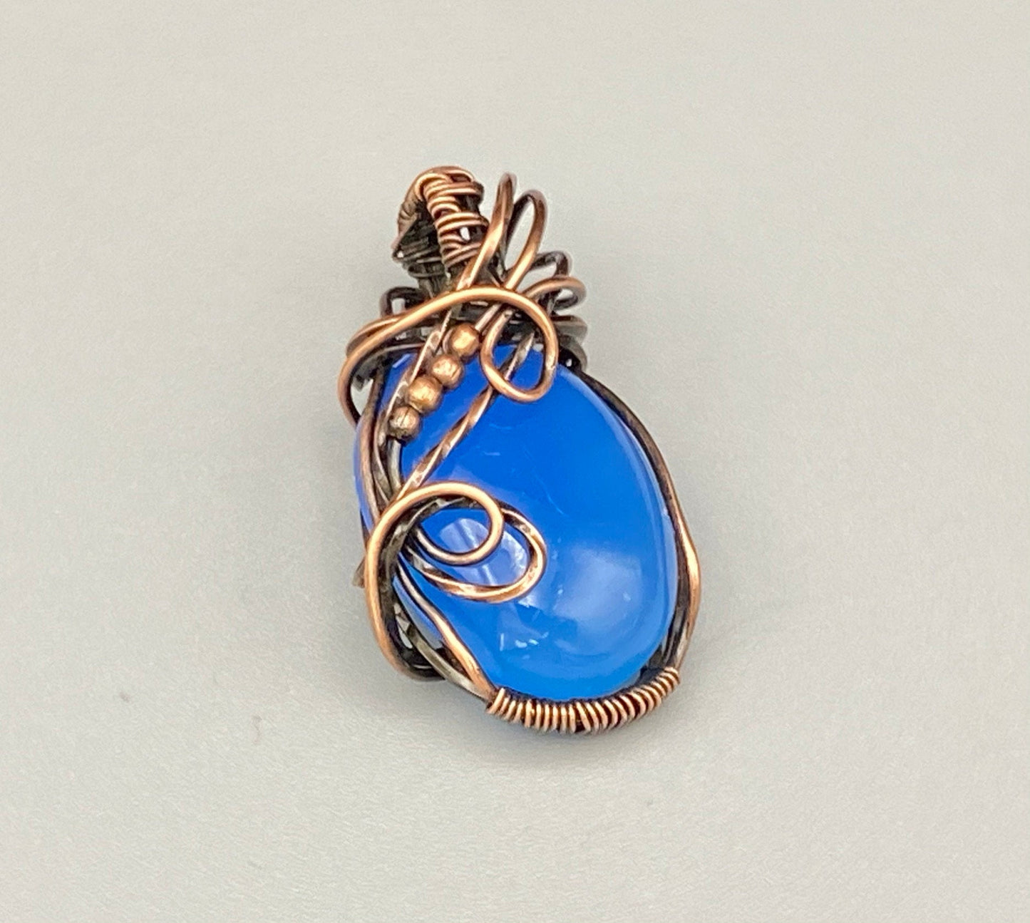 Oval Blue Chalcedony Stone, Wire Wrapped Pendant Necklace