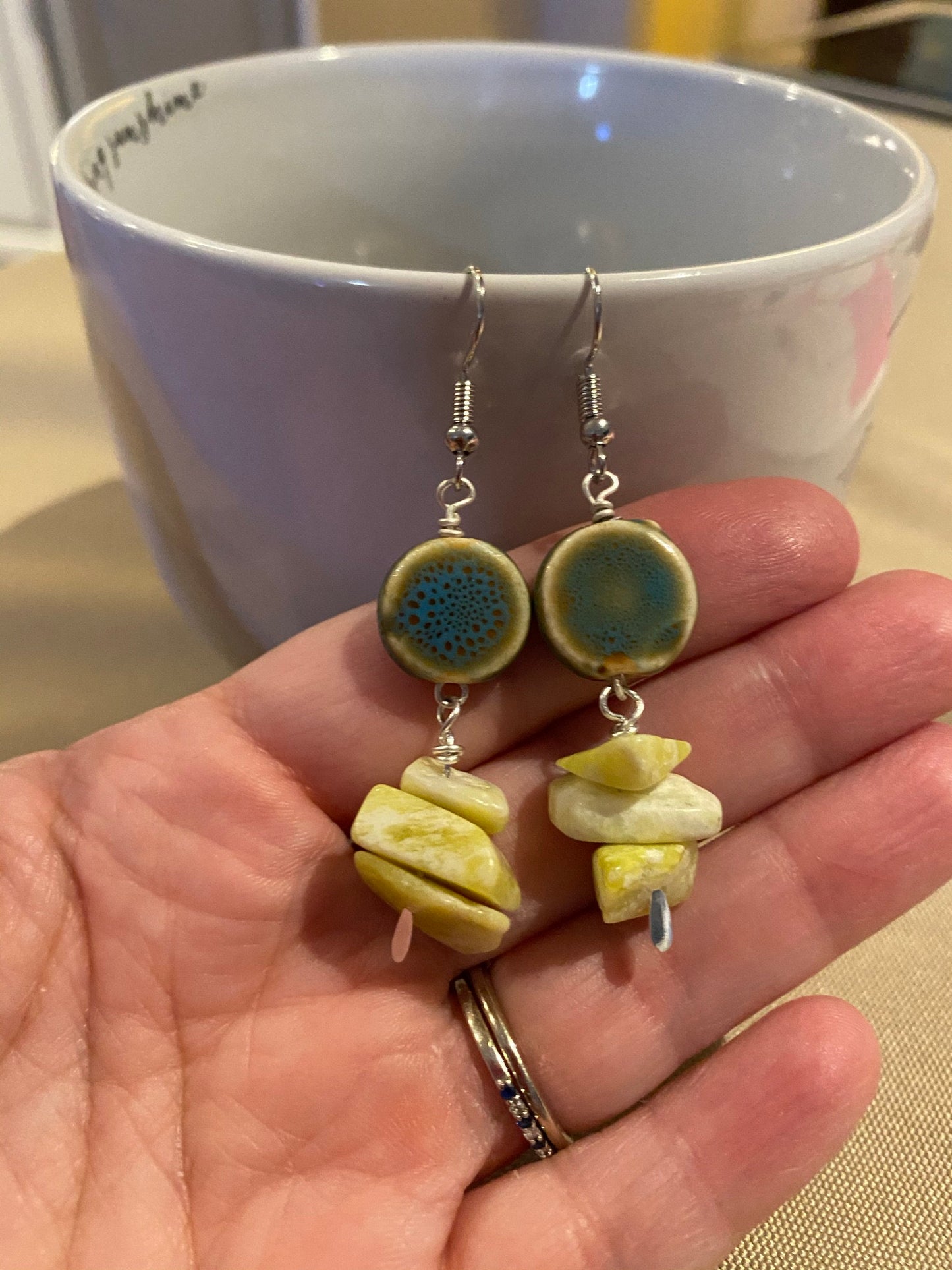 Flat Round Teal And Yellow Boho Coin Bead Earrings