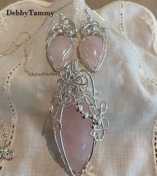 Wire Wrapped Rose Quartz Pendant and Matching Earrings