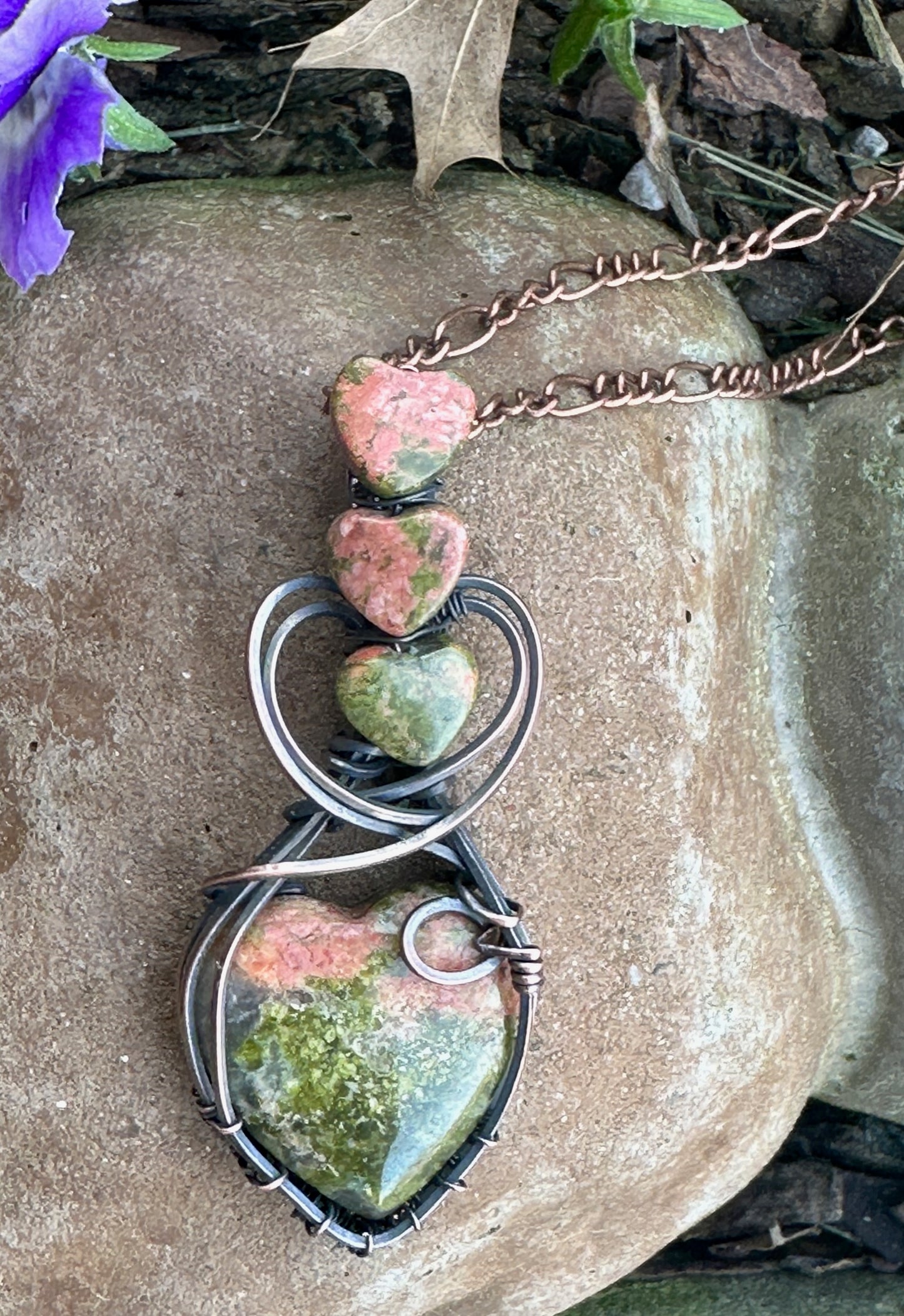 Unakite Heart Shaped Handmade Wire Wrapped Pendant