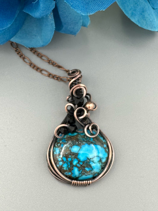 Natural Arizona Turquoise Oval With Beads Wire Wrapped Pendant