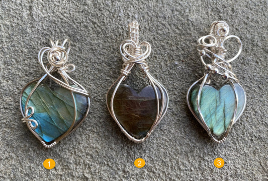 Labradorite Heart Wire Wrapped Pendants | Silver Plated Wire