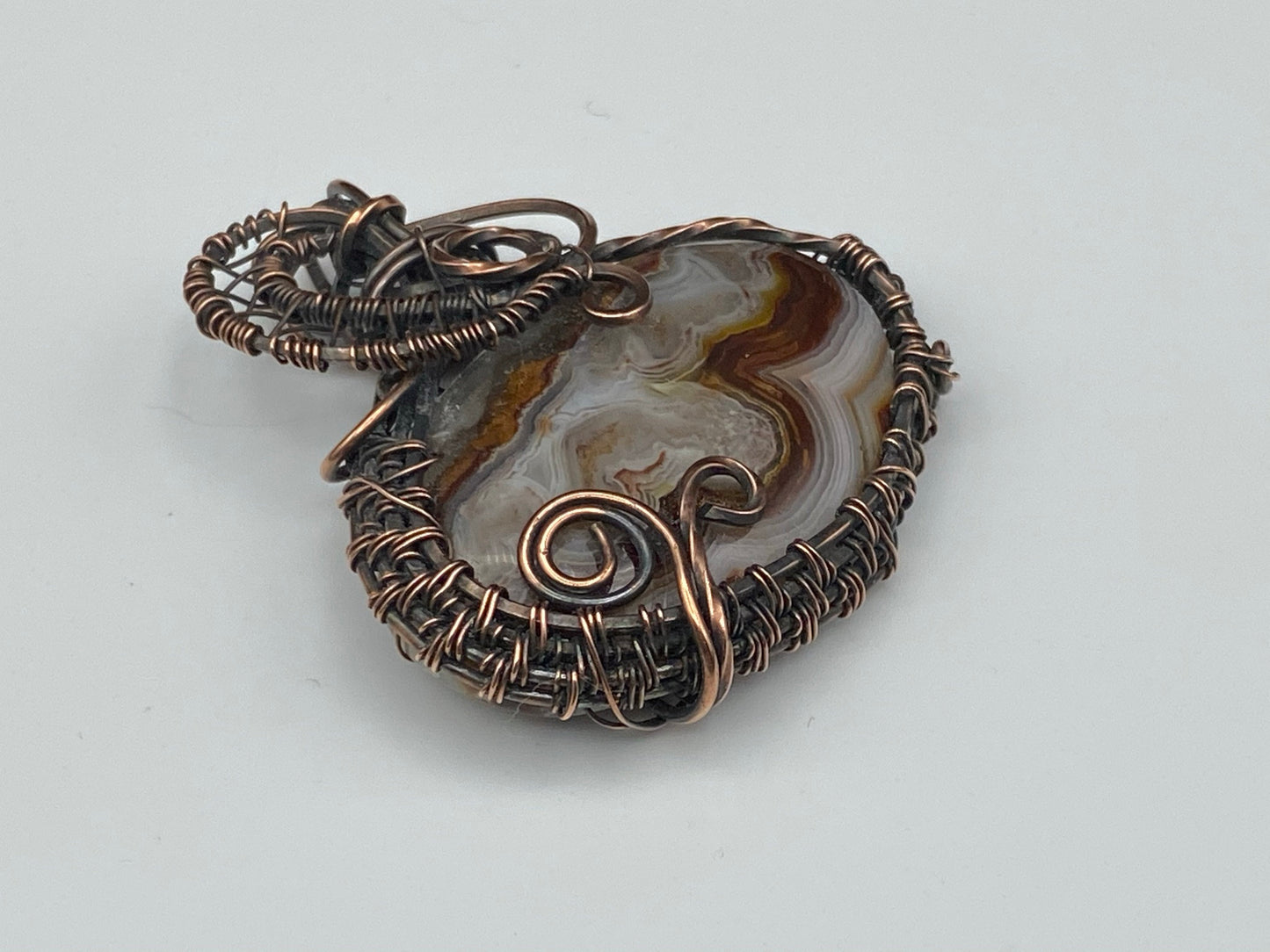 Earthy Mexican Oval Crazy Lace Agate Pendant, Wire Wrapped and Woven