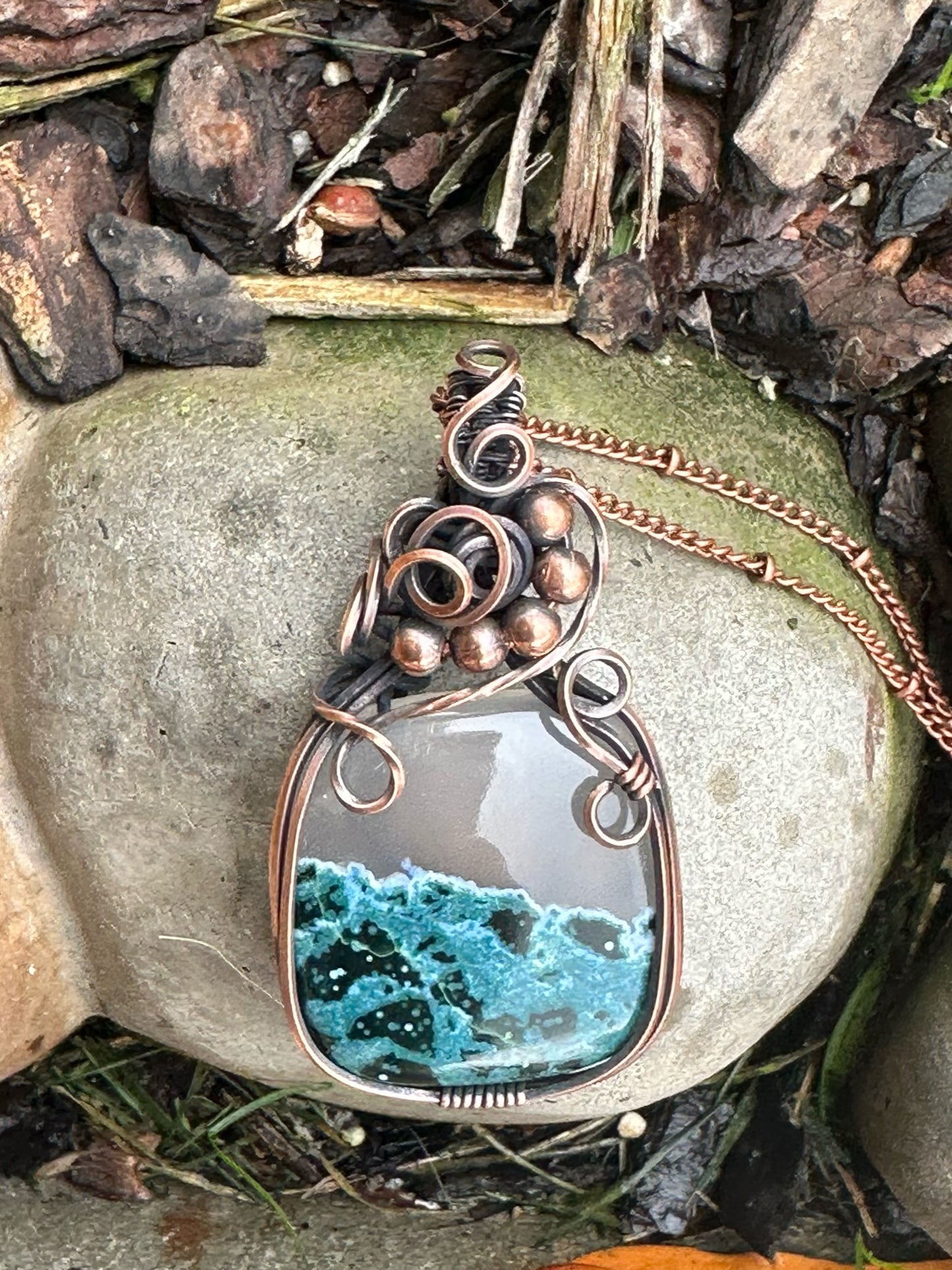 Handmade Wire Wrapped Rounded Square Stone With Copper Beads