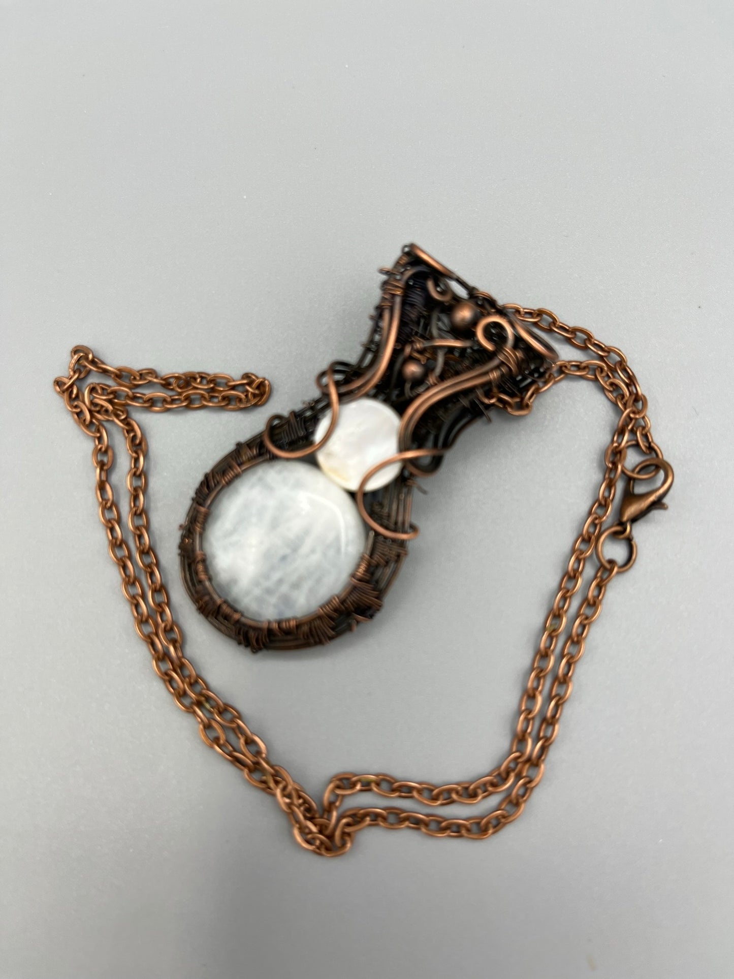 Round Moonstone Wire Wrapped in Antiqued Copper | Handmade Pendant