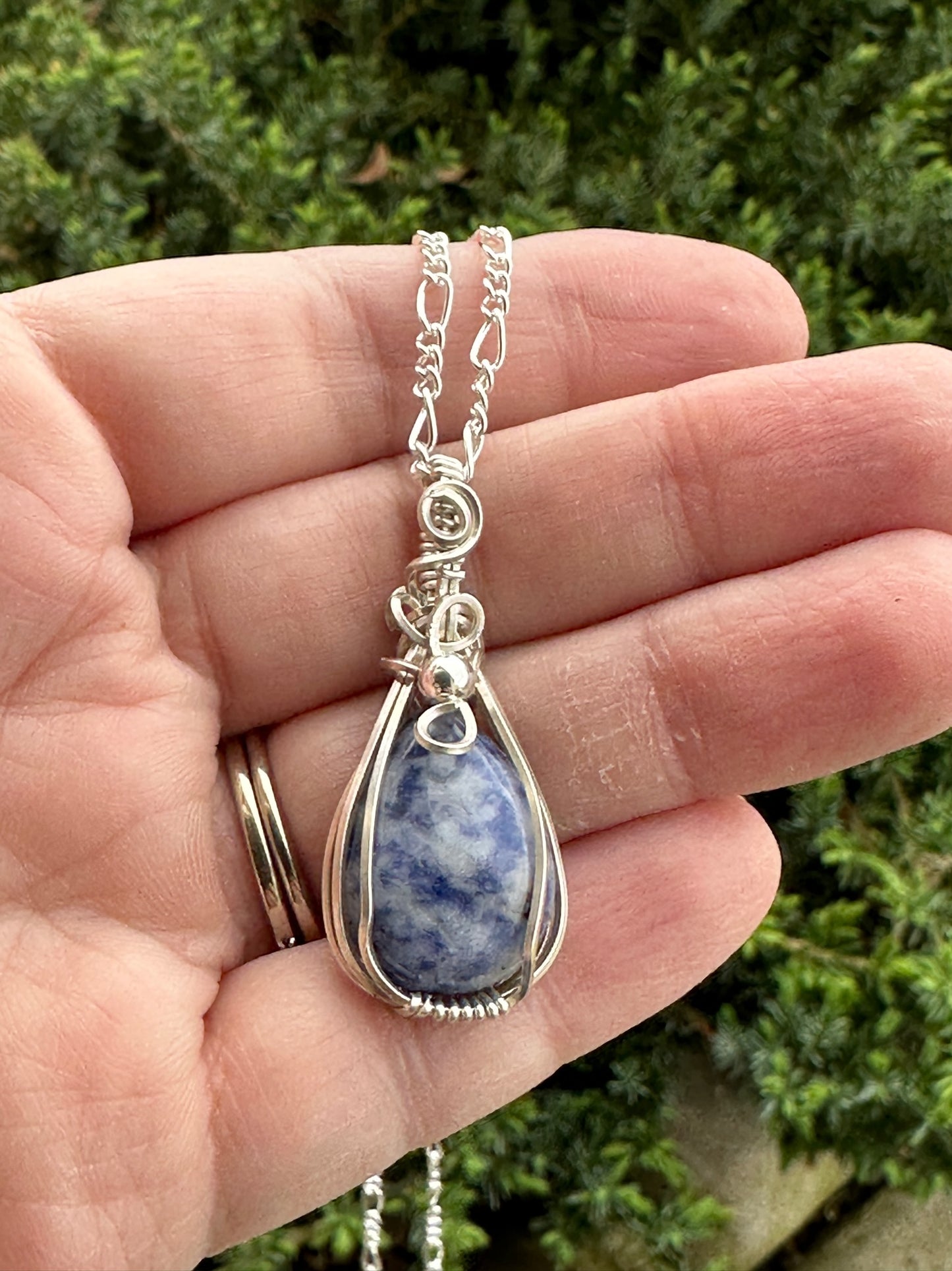 Small Snowflake Sodalite Teardrop Pendant Wrapped in Argentium Wire