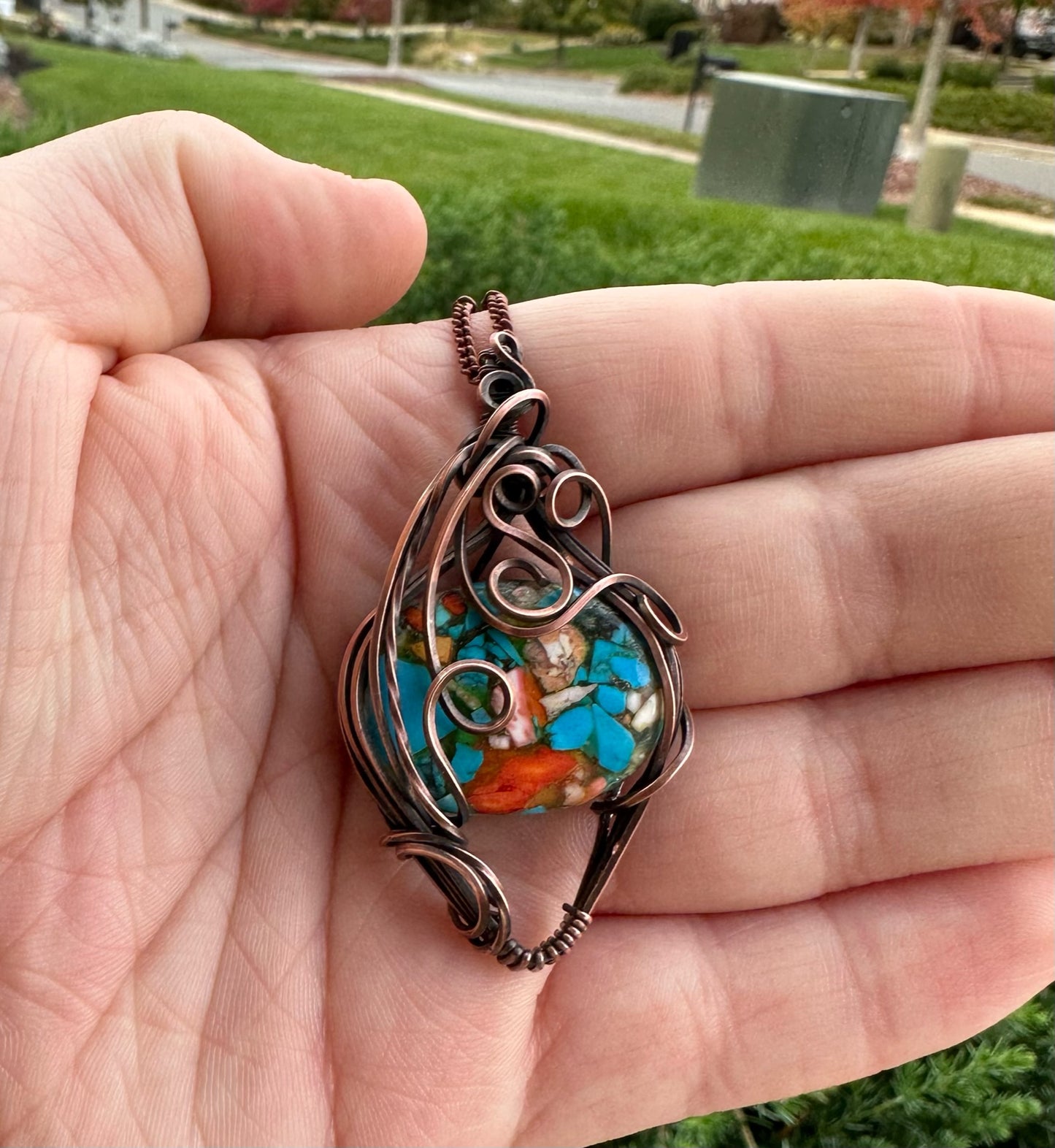 Oval Copper Turquoise Mohave Handmade Wire Wrapped Pendant