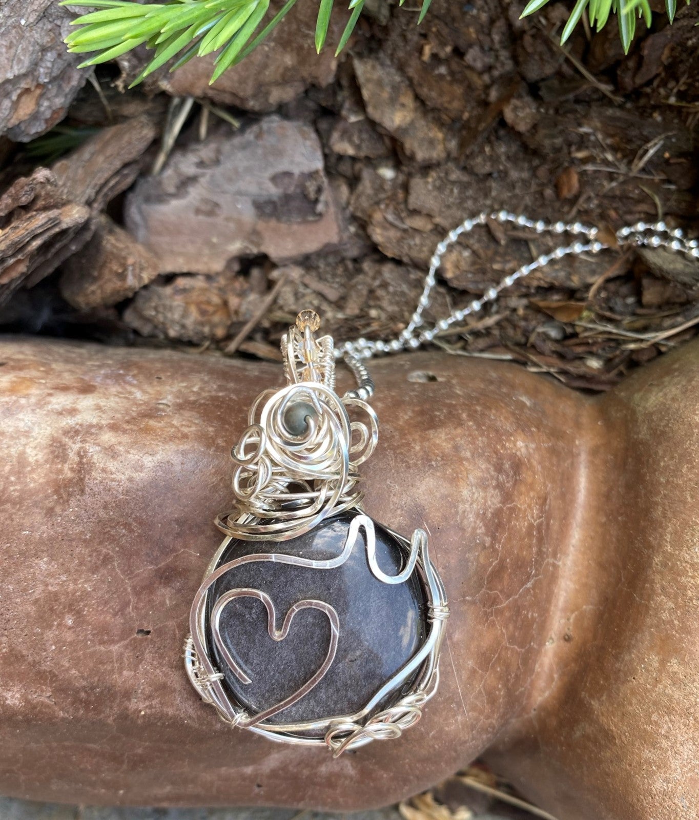 Natural Silver Sheen Obsidian Circle Pendant with Kitty Cat