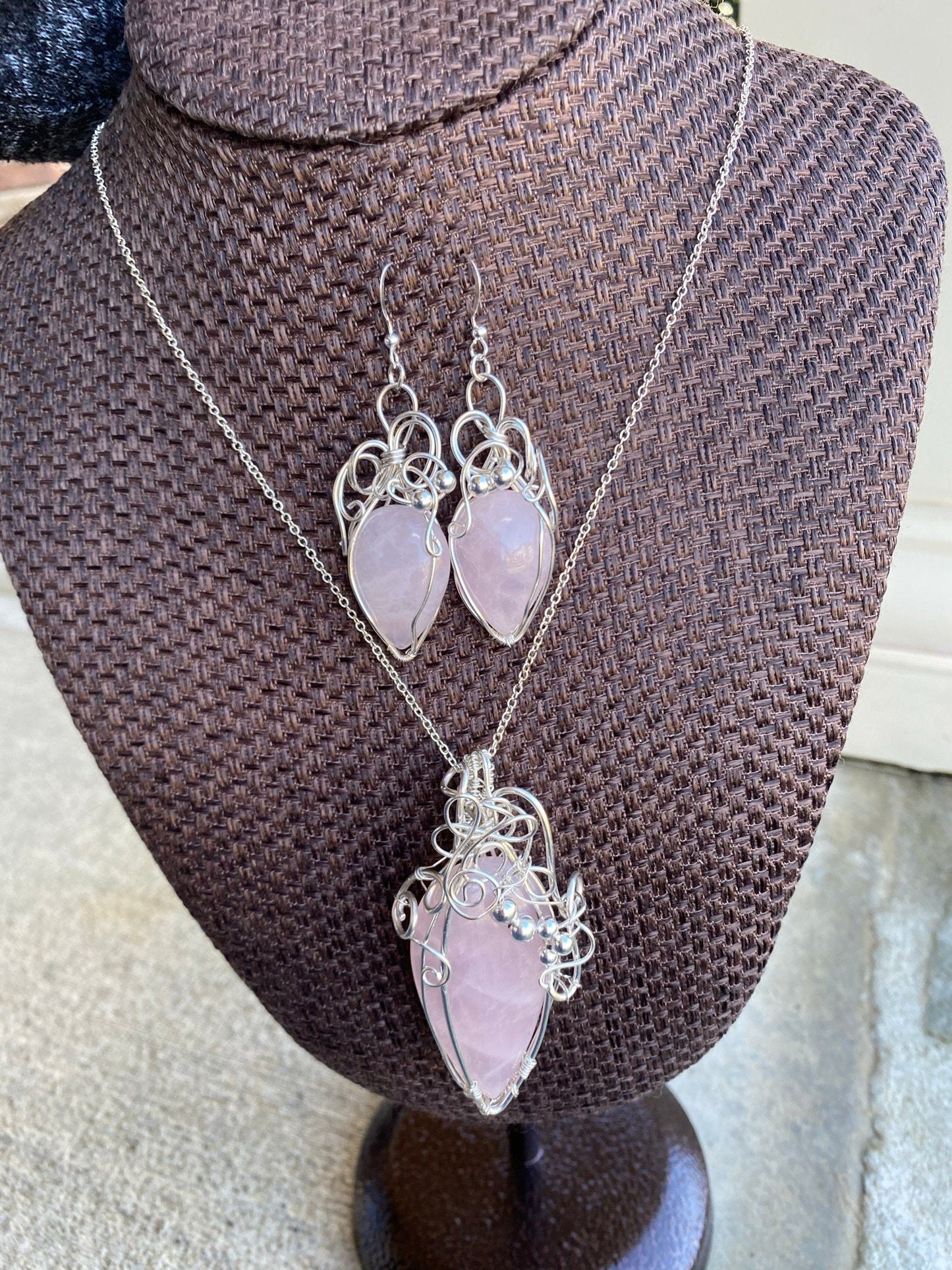 Wire Wrapped Rose Quartz Pendant and Matching Earrings