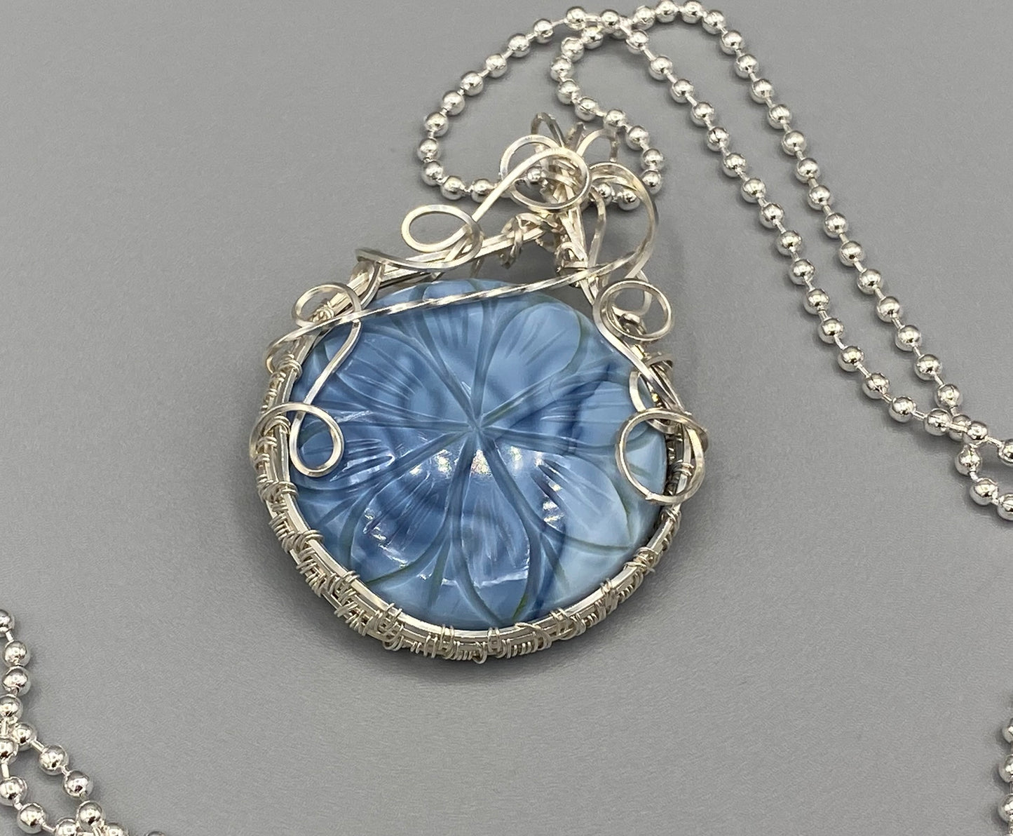 Round Blue Carved Opal | Wire Wrapped Opal