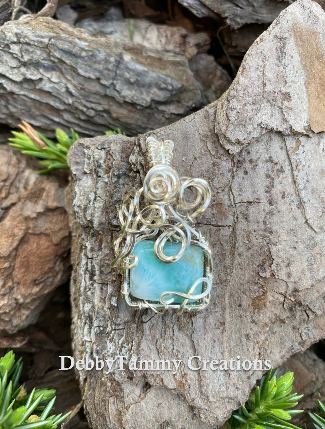 Square Larimar Wire Wrapped Pendant