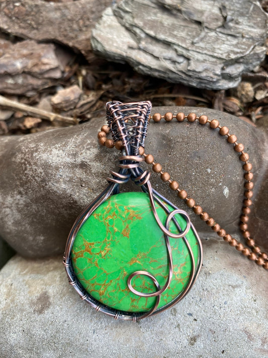 Green Copper Turquoise Wire Wrapped Pendant | Round Handmade Jewelry