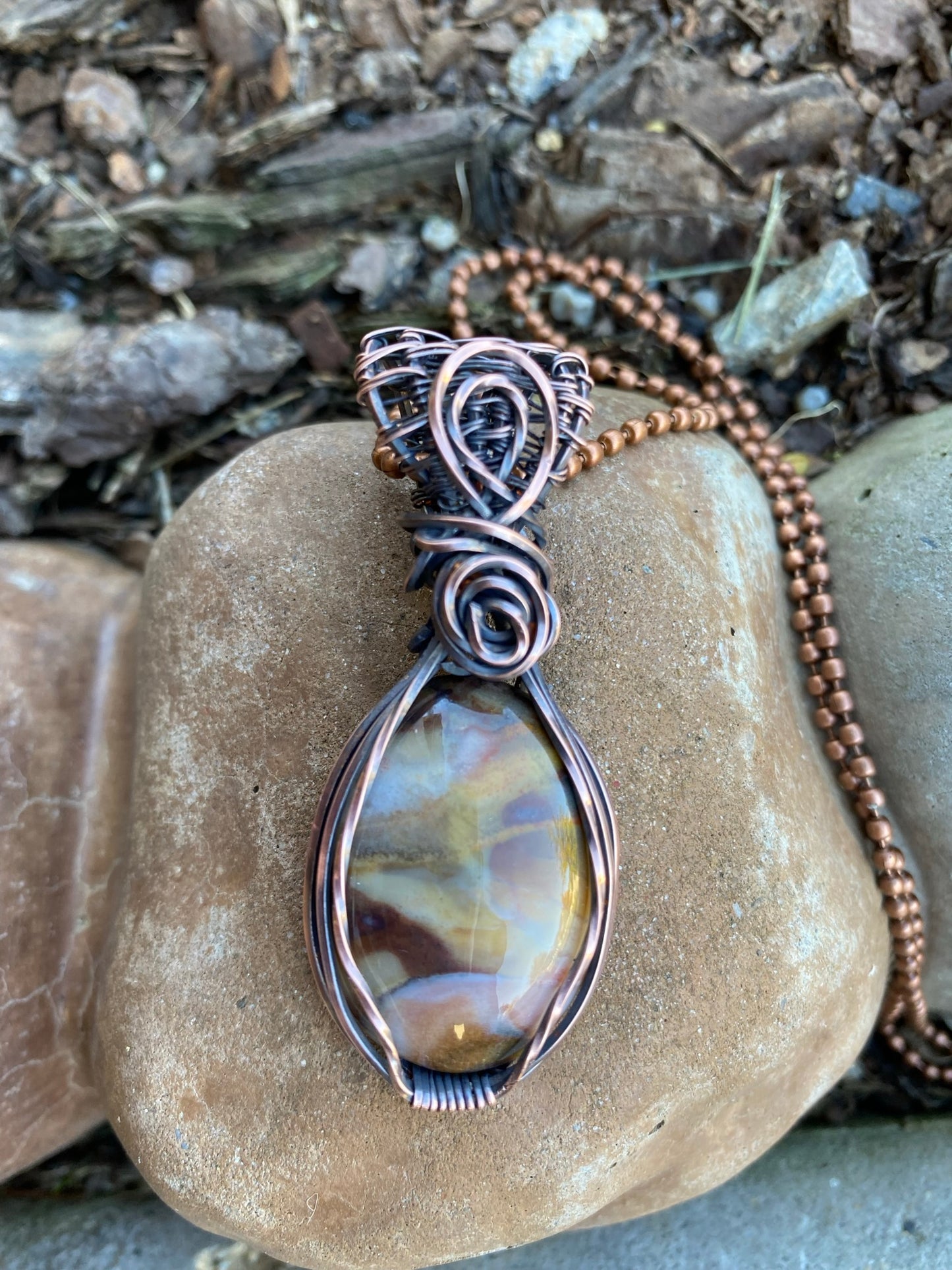 Multicolored Oval Agate Pendant | Wire Wrapped Agate Gemstone