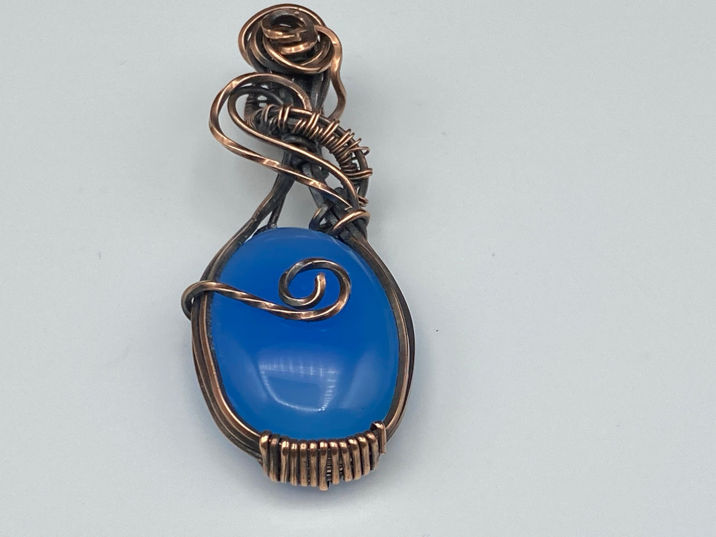 Copper Wire Wrapped Blue Chalcedony Pendant Necklace