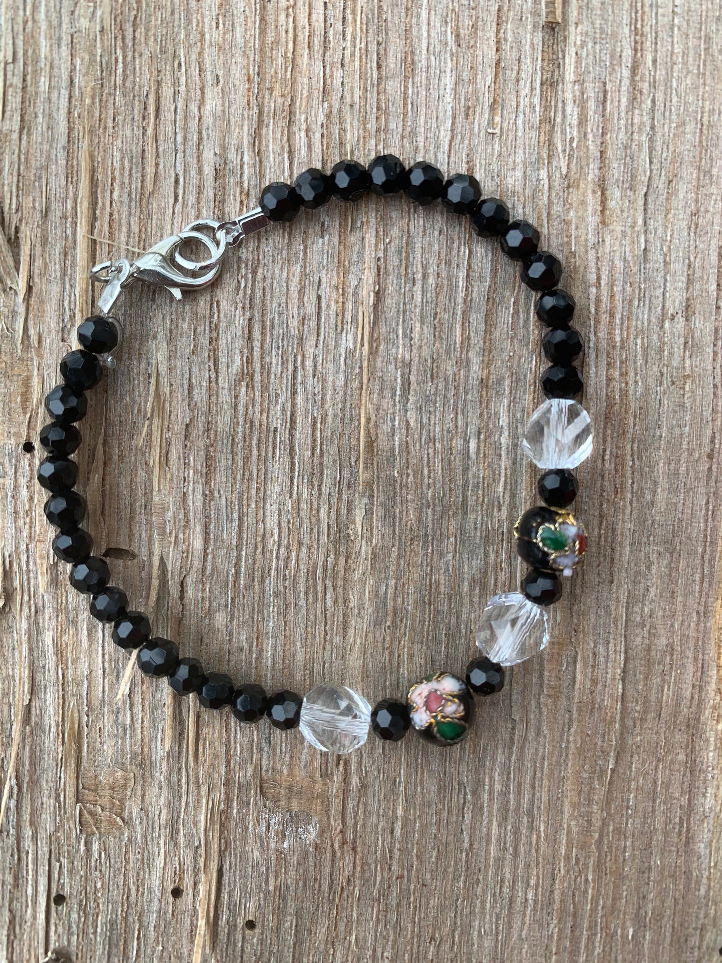 Unique Flower Beaded Bracelet with Clear Crystal and Black Crystal Beads