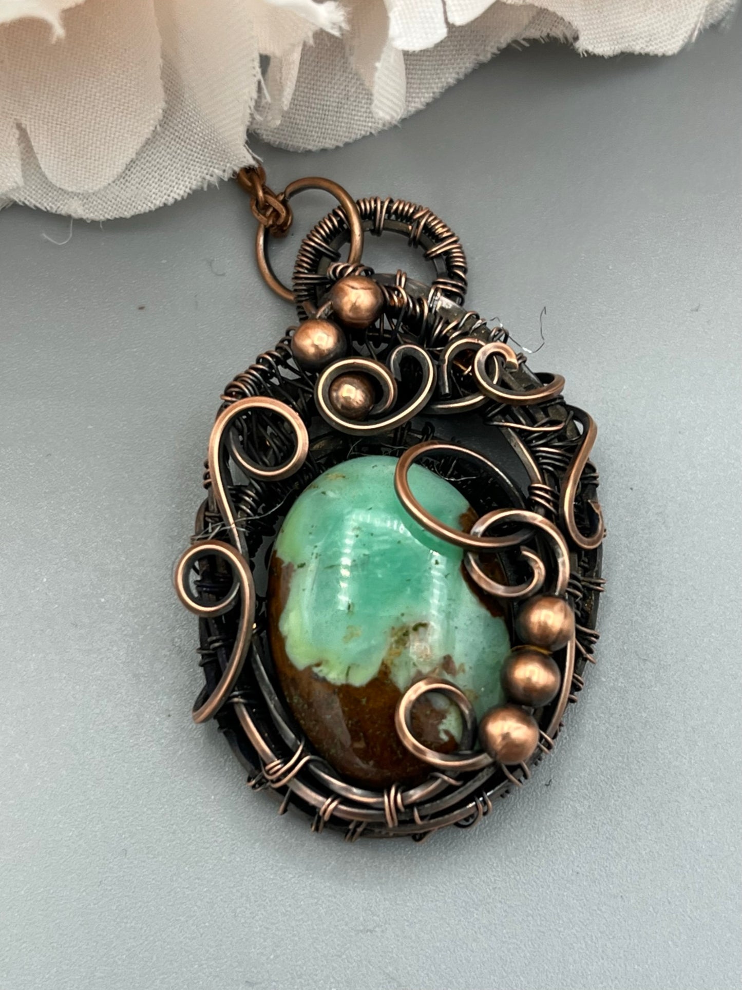 Natural Chryoprase Oval Gemstone Wire Wrapped Pendant