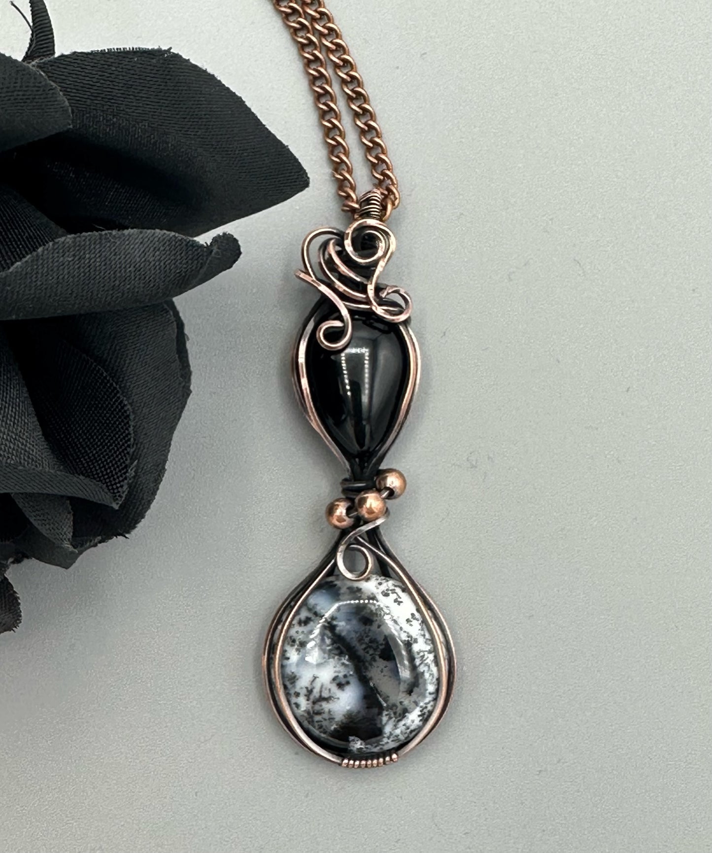 Dendritic Agate and Onyx Teardrop Double Pendant Statement Piece