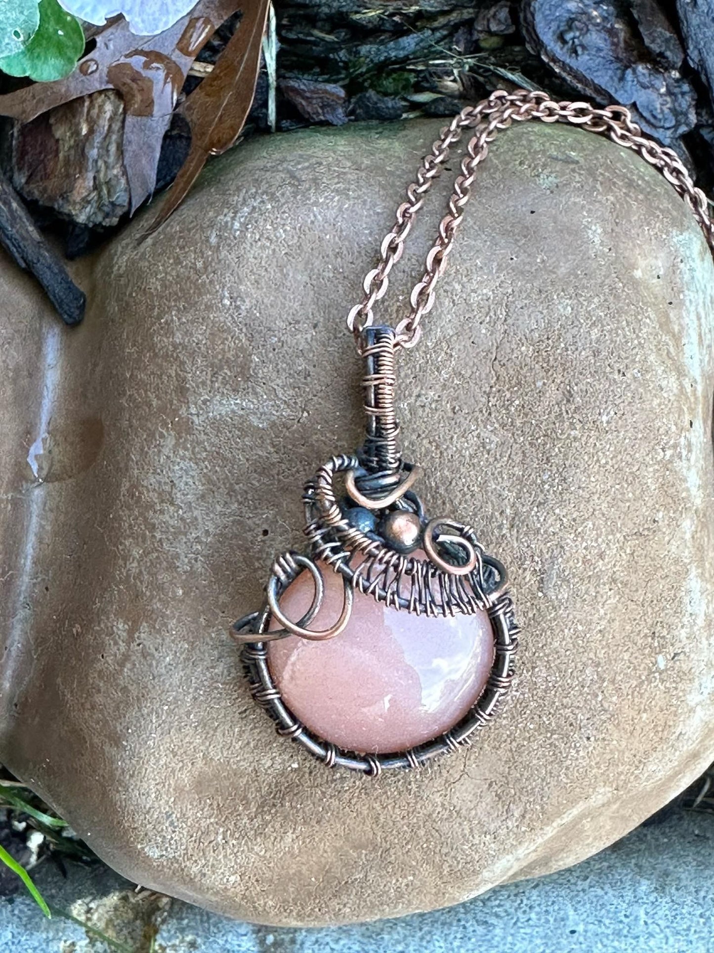 Round Peach Moonstone With Copper Bead And Wire Weaving Handmade Pendant