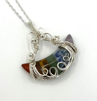 7 Chakra Natural Quartz Moon Shaped Stone | Wire Wrapped Crescent Moon