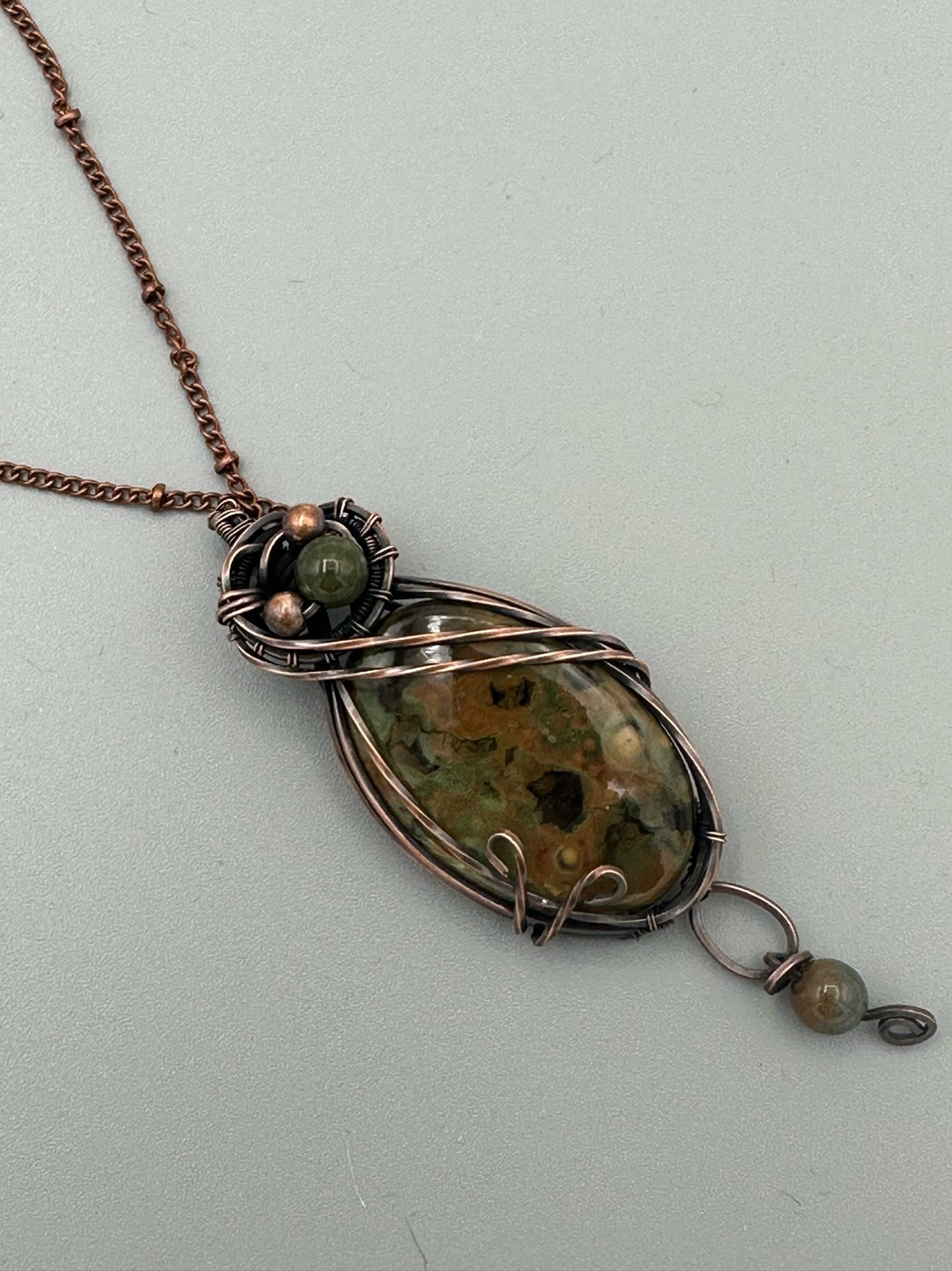 Oval Rhyolite With Bead Dangle Handmade Wire Wrapped Pendant