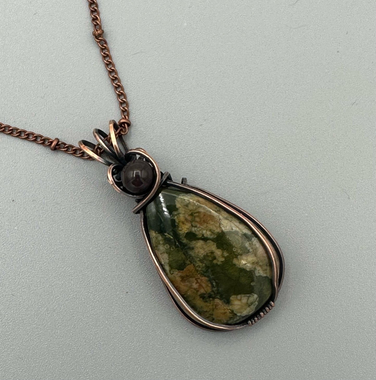 Rhyolite Teardrop With Brown Bead Wire Wrapped Pendant
