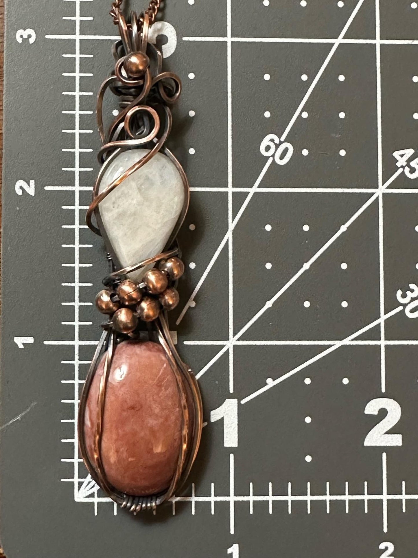 Imperial Jasper Oval And Moonstone Teardrop Double Handmade Wire Wrapped Pendant