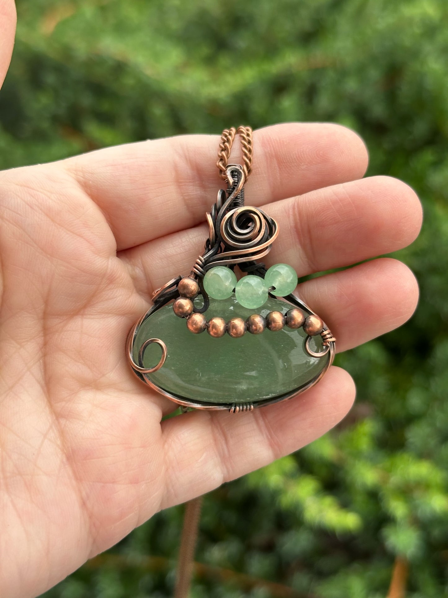 Wire Wrapped Oval Green Strawberry Quartz With Quartz And Copper Beads Pendant