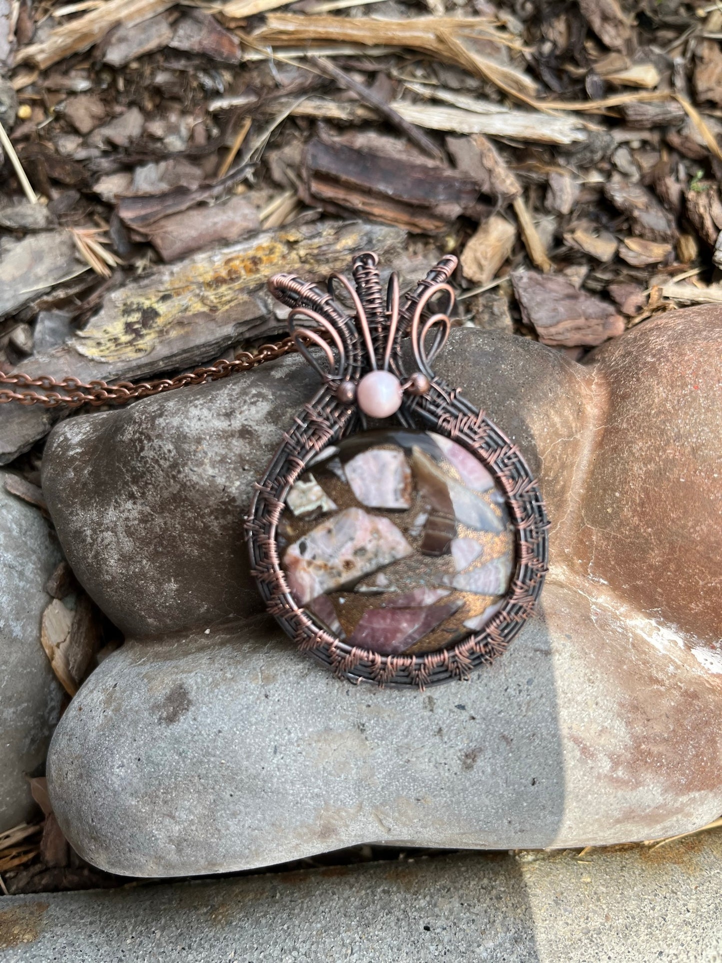Round Pink and Copper Wire Wrapped Pendant | Statement Piece