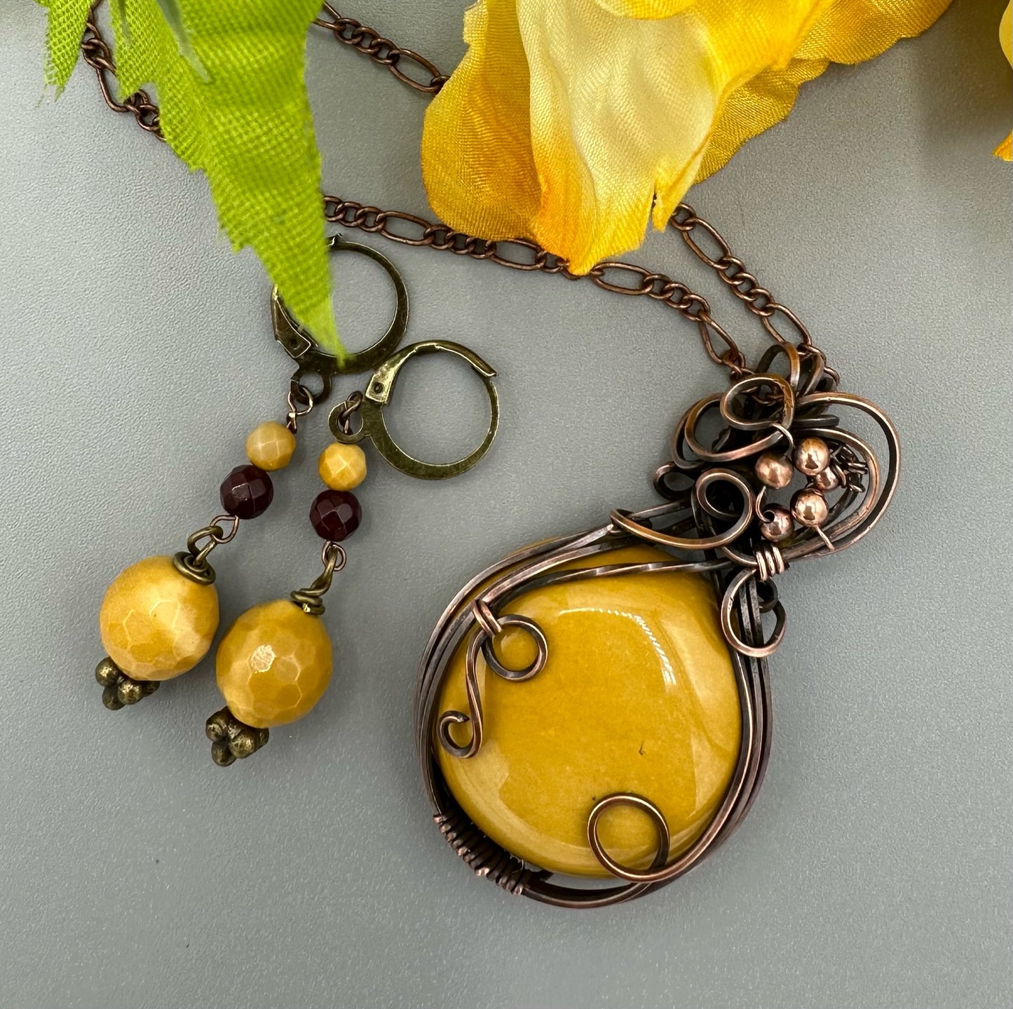 Yellow Mookaite Jasper Wire Wrapped Pendant and Earrings Set