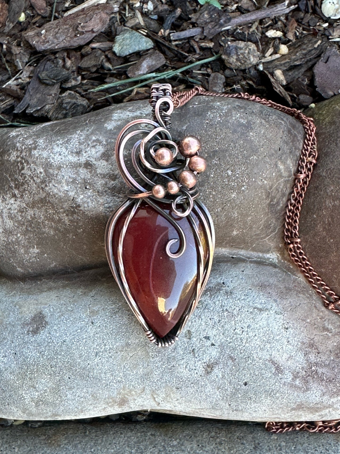 Elegant Red Jasper Wire Wrapped Pendant with Copper Beads