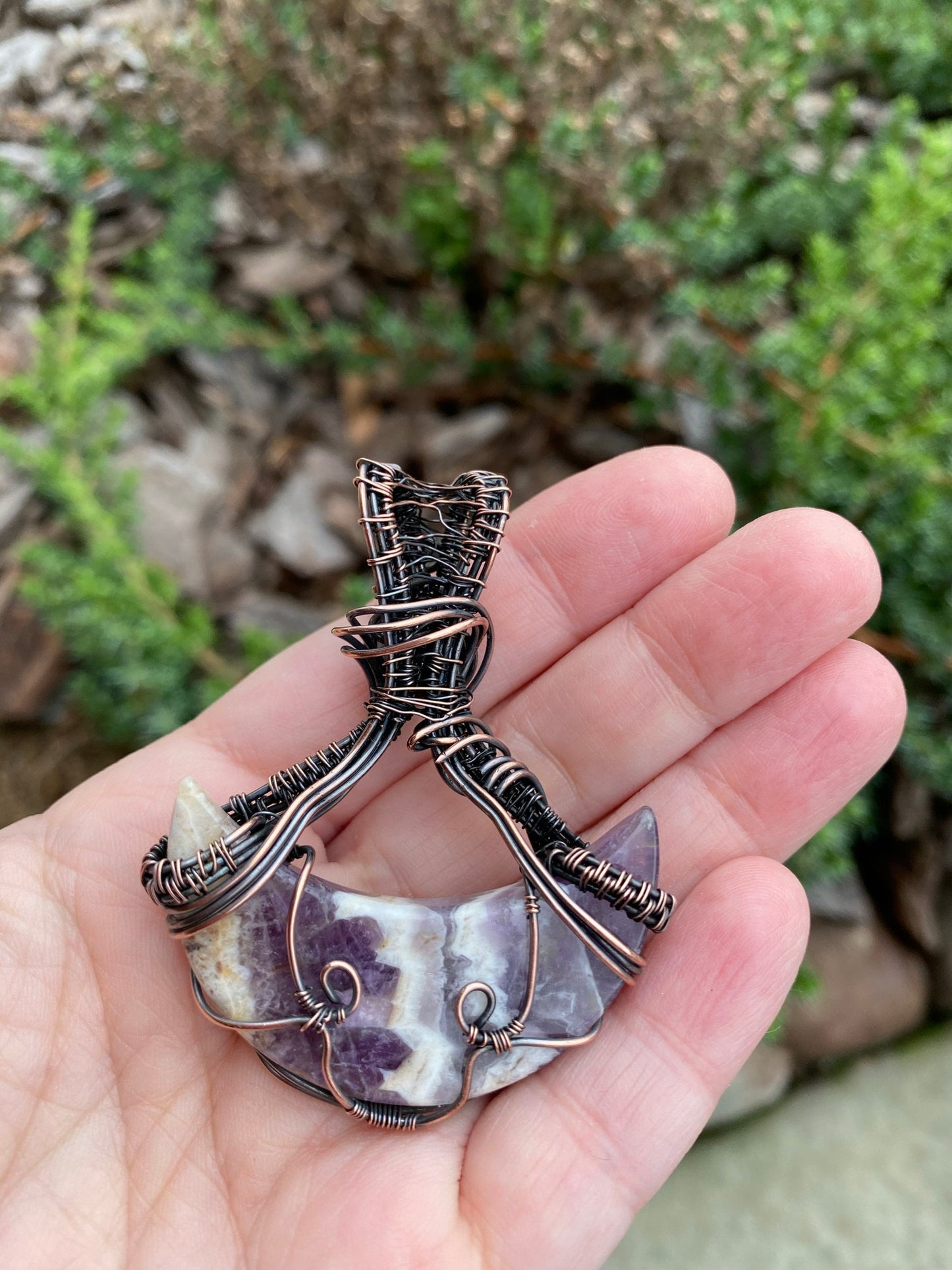 Striking Moon Shaped Quartz Pendant Wire Wrapped In Copper Wire