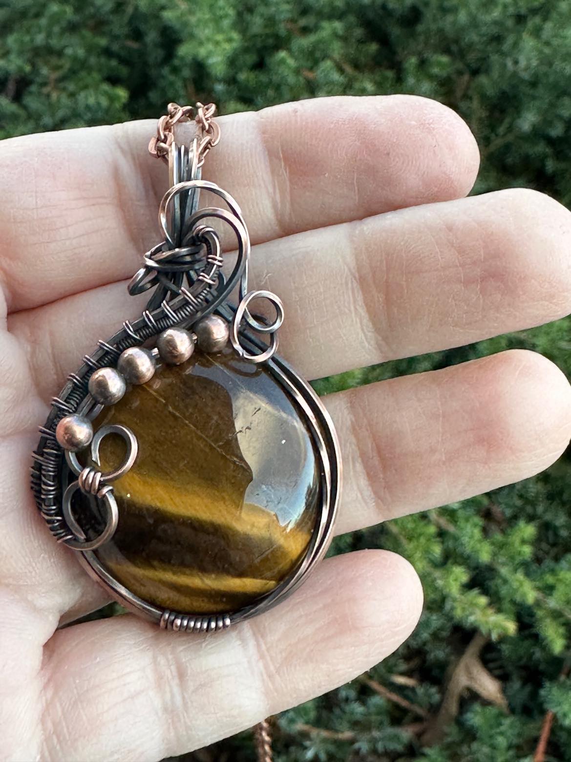 Handmade Wire Wrapped Round Tigers Eye Pendant