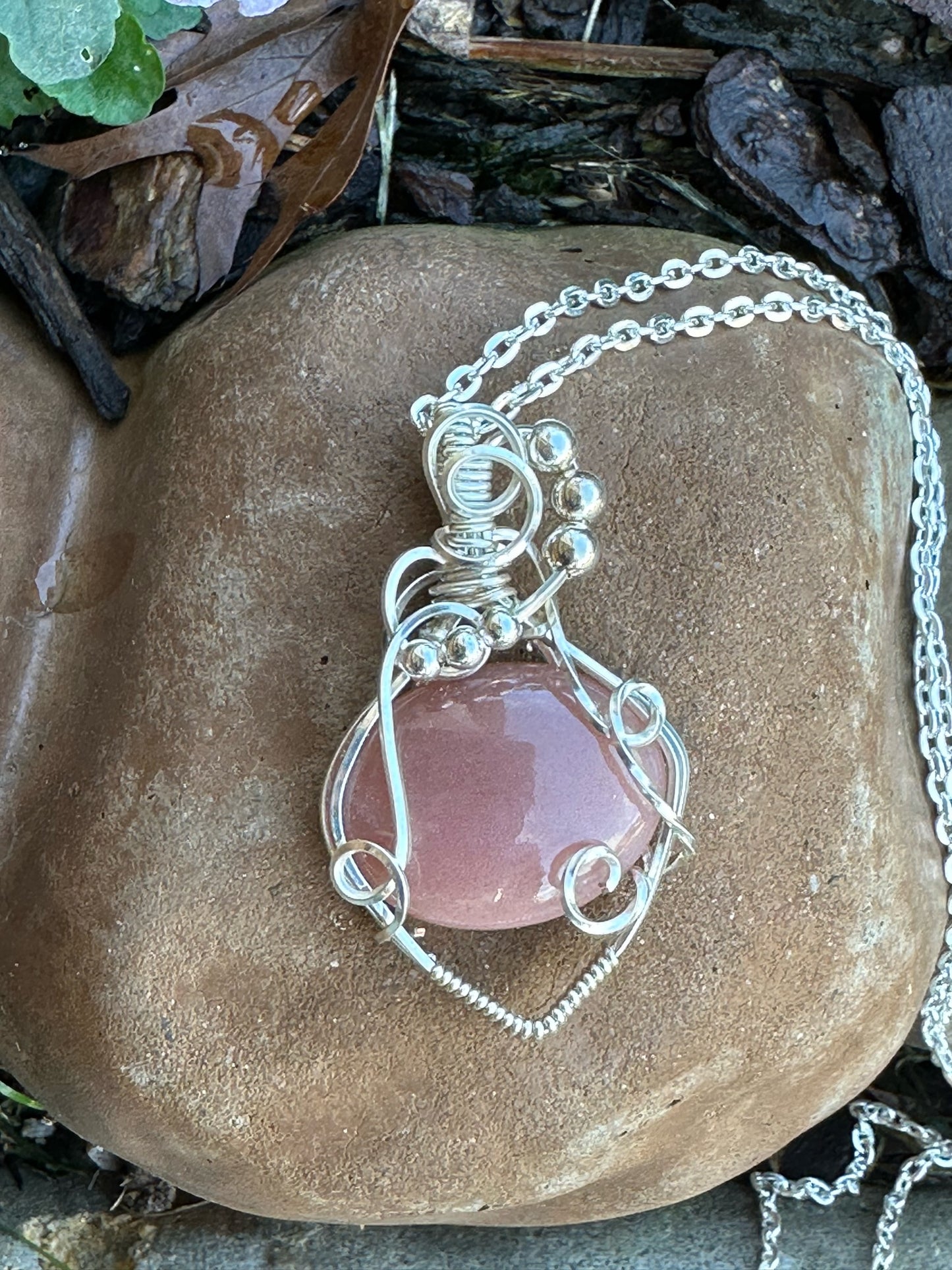 Oval Peach Moonstone Handmade Wire Wrapped Pendant